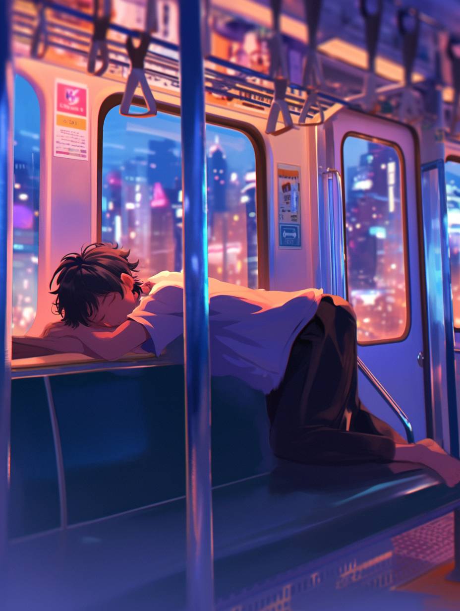 At night, a boy had just finished work and was taking the subway when he fell asleep leaning on the handrail. He was the only one in the entire carriage, and outside the window was the night view of the city, a simple scene, It has a high resolution with bright colors, high details, and high quality. 3D --ar 3:4 --niji 6