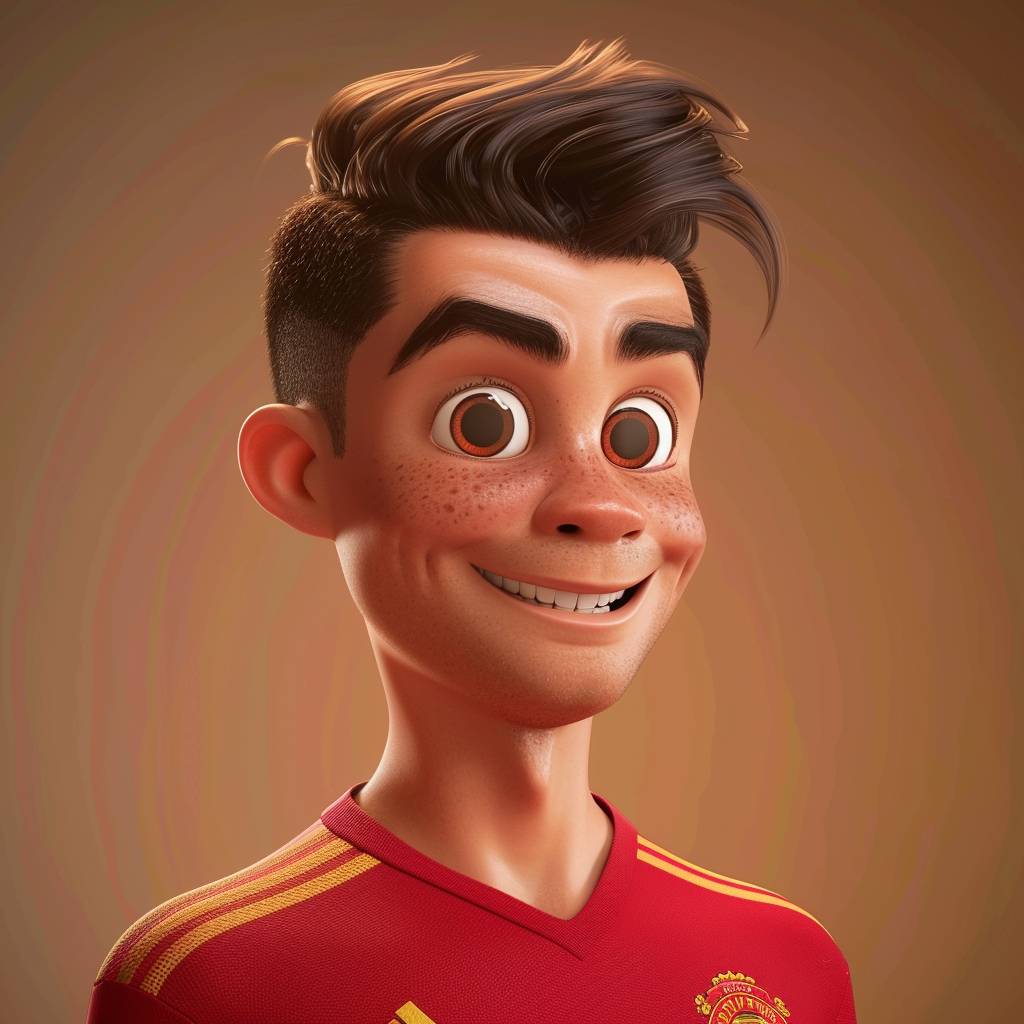 Cristiano Ronaldo, front, wearing football jersey, 3D Pixar and Disney style, simple clean background