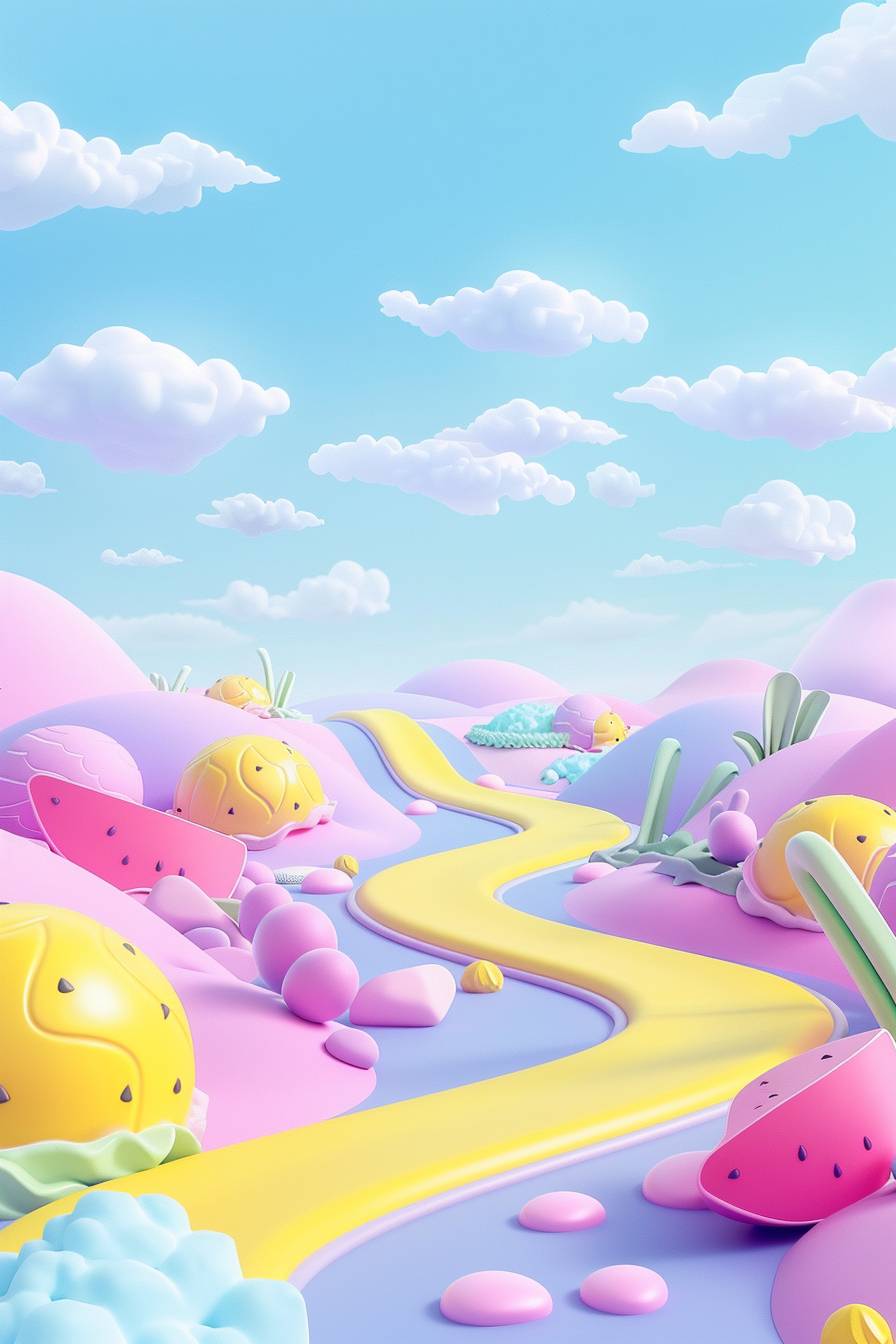 Colorful and happy pastel minimalist background, childish, suitable for summer camp for young children, joy, light, freshness, watermelon, ice cream, sea, summer, freedom, path, track, colors yellow, light blue, purple, 3D, anime, clay-made cartoon, high quality