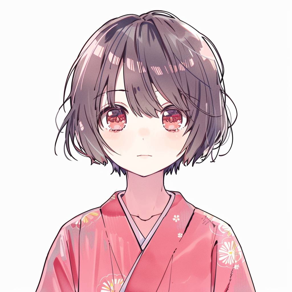 A girl with short hair, wearing a pink kimono, innocent girl, old anime style, white background, front view