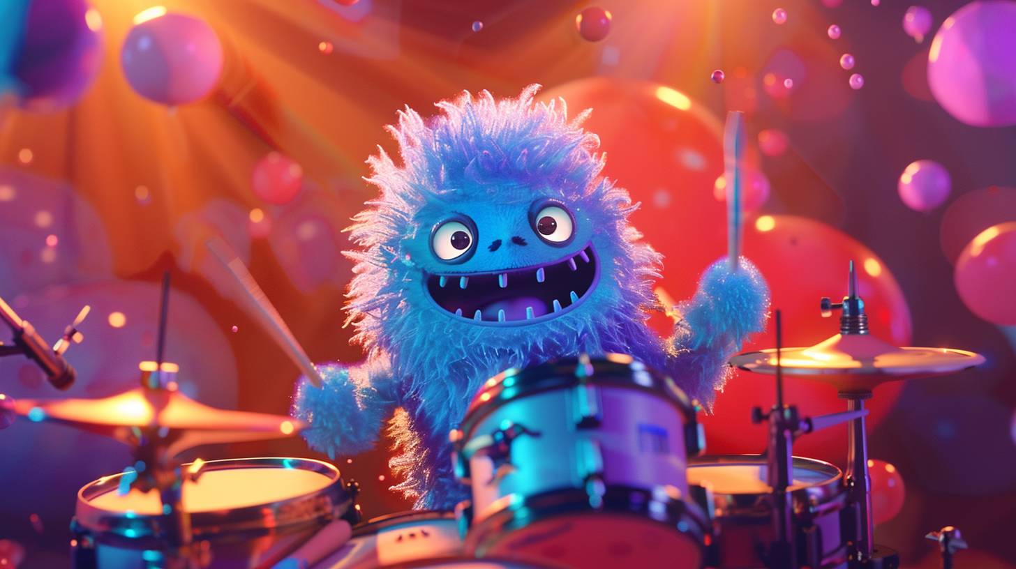 3D cartoon animation of a cute and fluffy monster playing jazz drumset, vivid colors