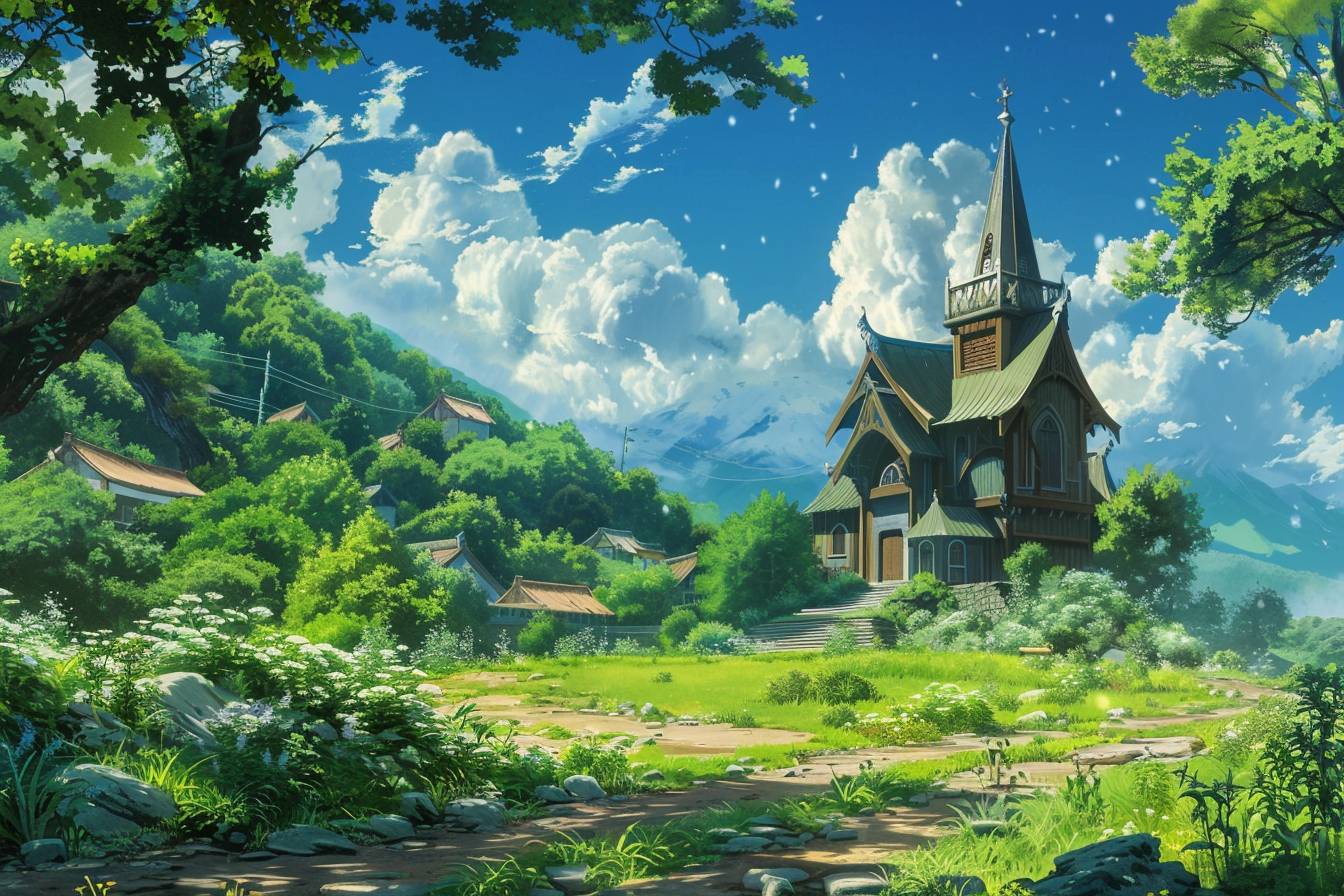 In style of Eiichiro Oda, stunning natural landscape, church