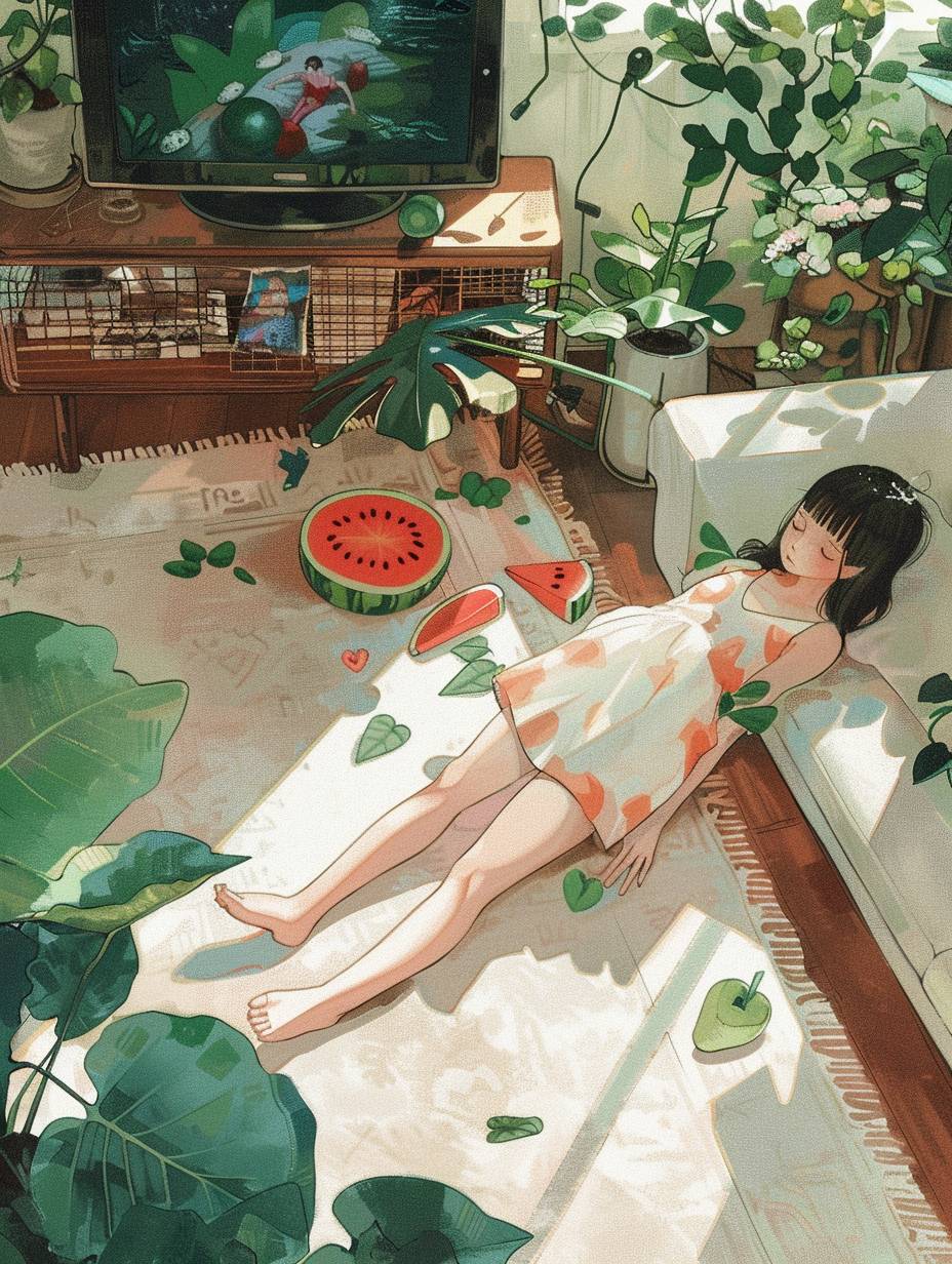 A cute girl is lying on the carpet in the living room. The scene is a sofa, a coffee table, a TV playing cartoons, a fan, a cut watermelon on the coffee table, and green leaves outside the window. In the hot summer, Live-action style, realistic, Ghibli-style --ar 3:4 --style raw  --v 6.0