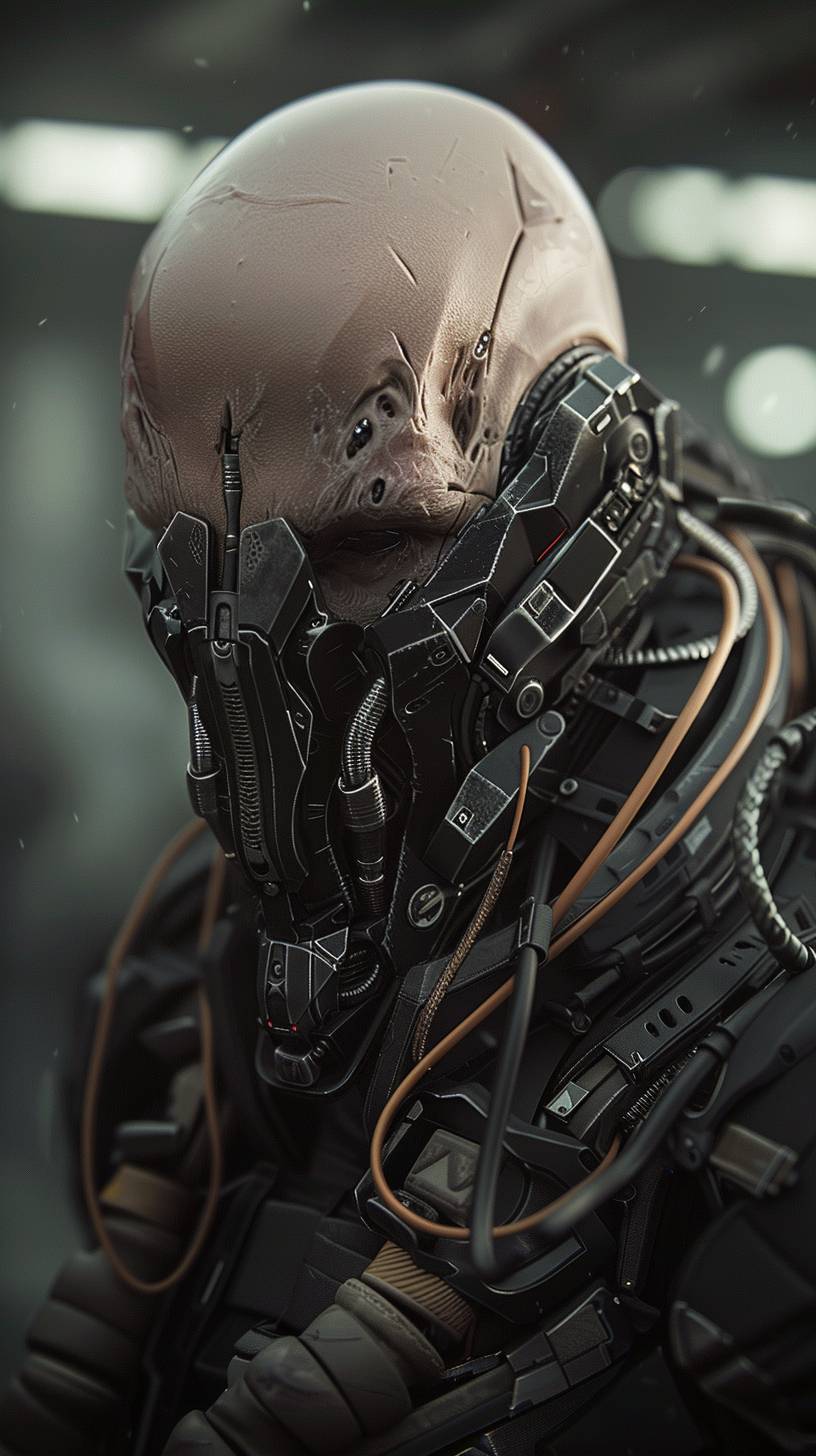 A highly detailed cyborg soldier, looking straight into the camera, rugged and weathered, with a bald head and integrated cybernetic implants. The face is partially covered by a futuristic respirator mask, with tubes and mechanical components connecting to a robust, battle-worn armor. The armor features various metallic and leather textures, adorned with scratches, dirt, and mechanical details. The background is a blurred, industrial setting with dim lighting, emphasizing the figure's menacing presence. Hazy finish with muted colors and soft, diffused lighting, creating an atmospheric and dystopian feel. Created Using: intricate cybernetic design, photorealistic textures, industrial sci-fi aesthetic, cinematic lighting, high-definition, dynamic pose, atmospheric perspective, soft focus. Looking straight into the camera. In the style of a logo.