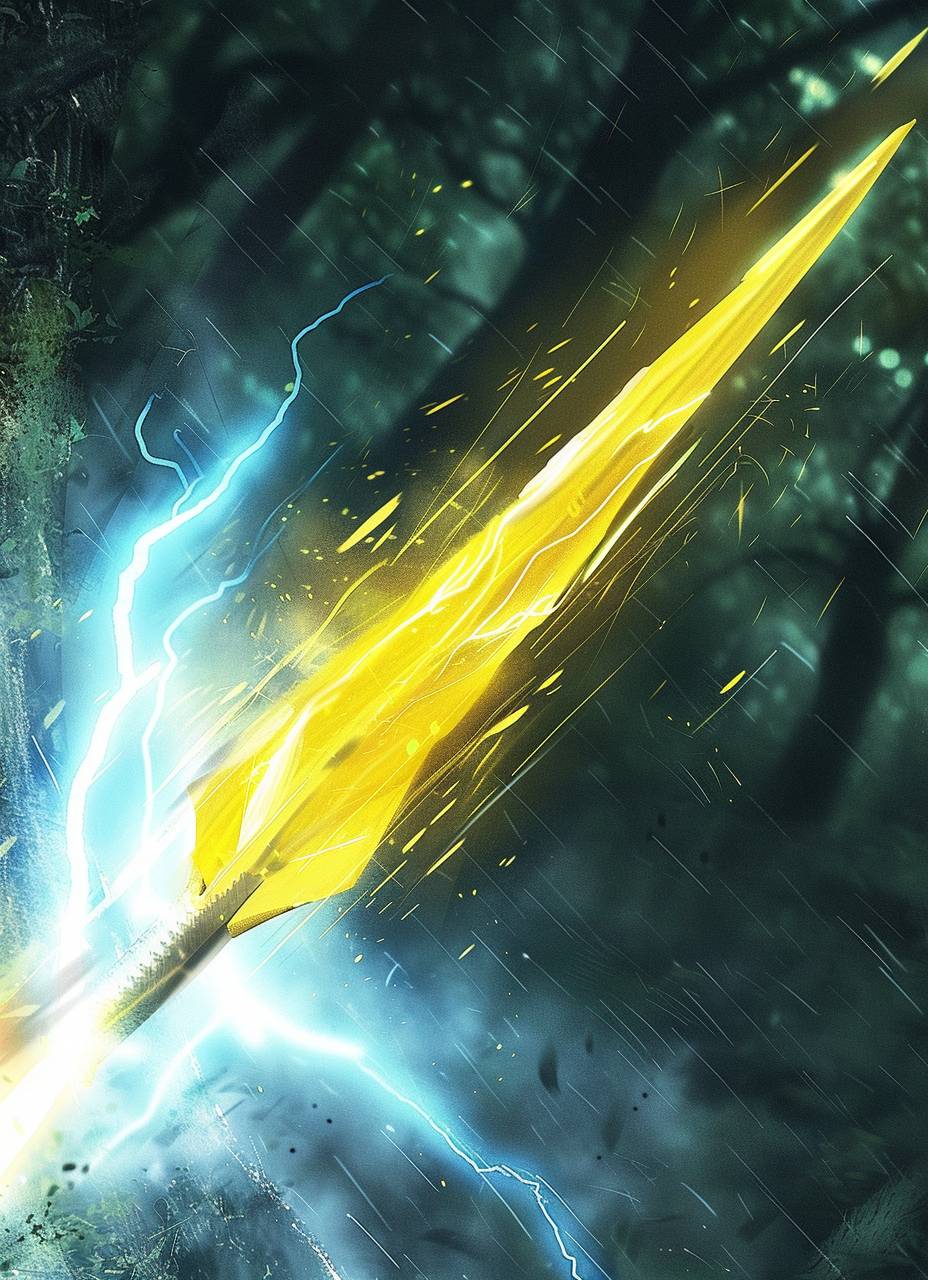 Close up view of the pointy end of a yellow glowing arrow, yellow blue lightning aura. Archery. Seen from far. Full view. Fantasy forest battlefield background. Detailed. Cartoon artwork style.