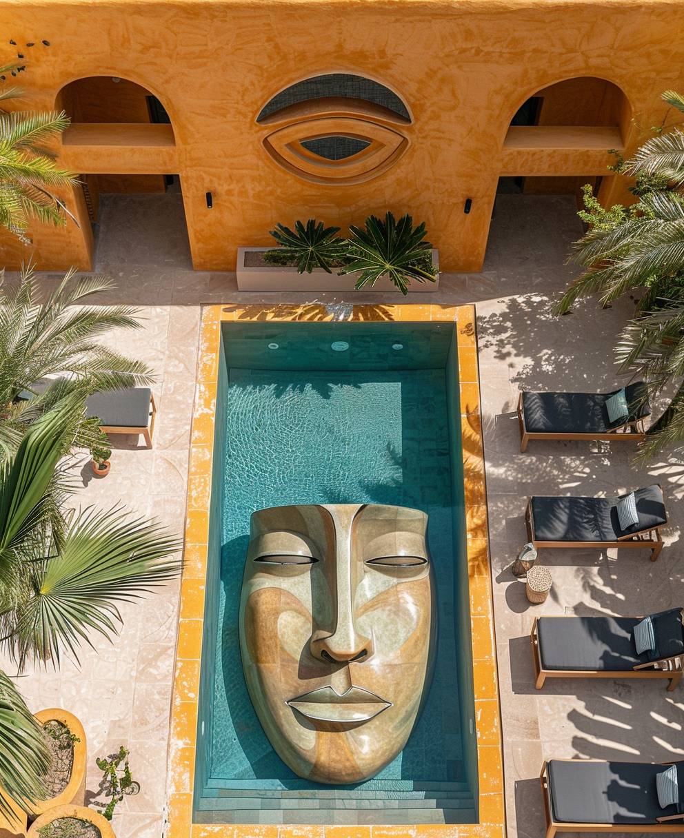 Aerial view of swimming pool with face motif in the style of Picasso and Matisse, pastel colors, minimalist design