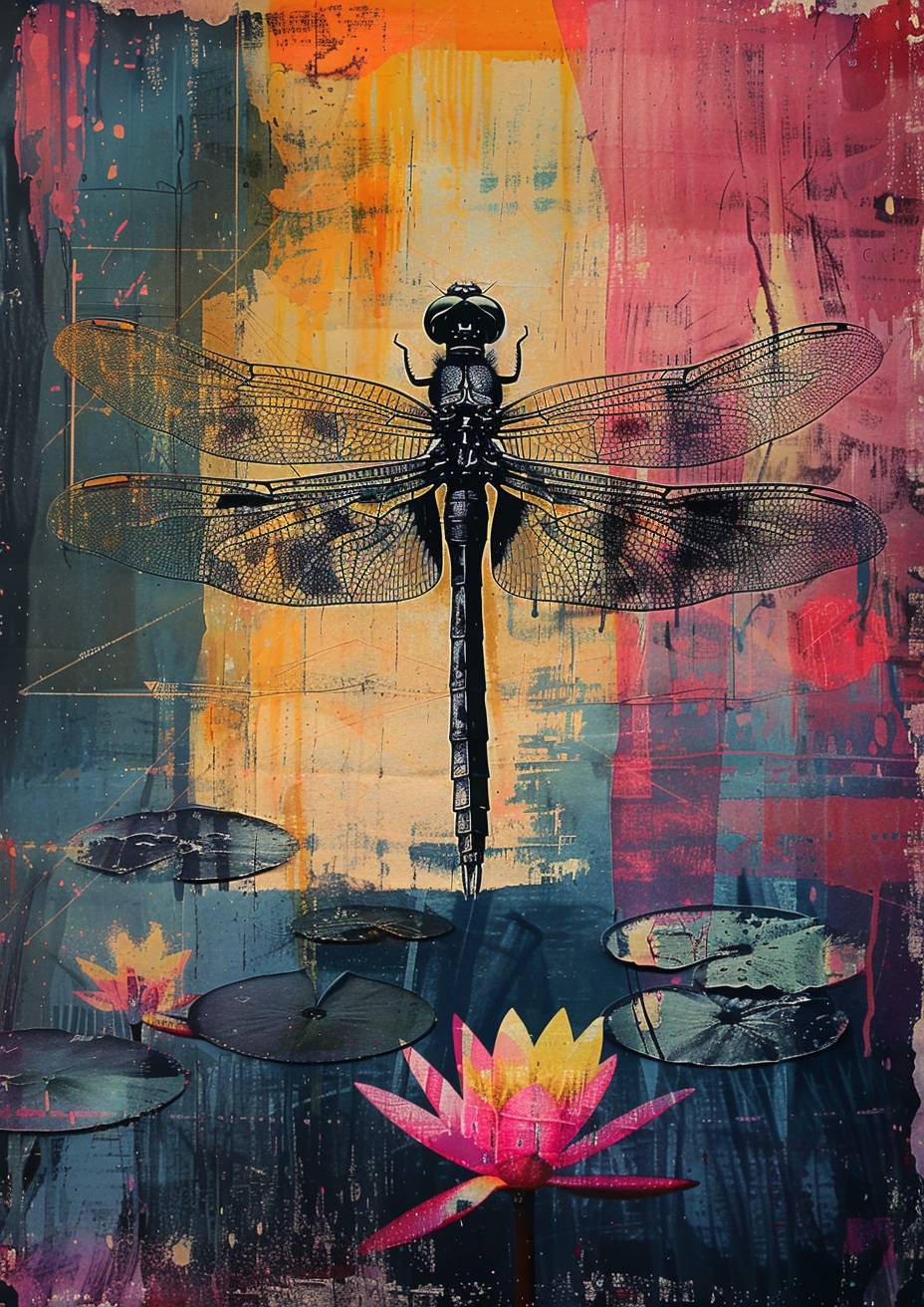Abstract layered silkscreen print, close up of a dragonfly over a pond with water lilies, fragmented and distorted rectangles, vibrant colour palette, rough texture, flat image