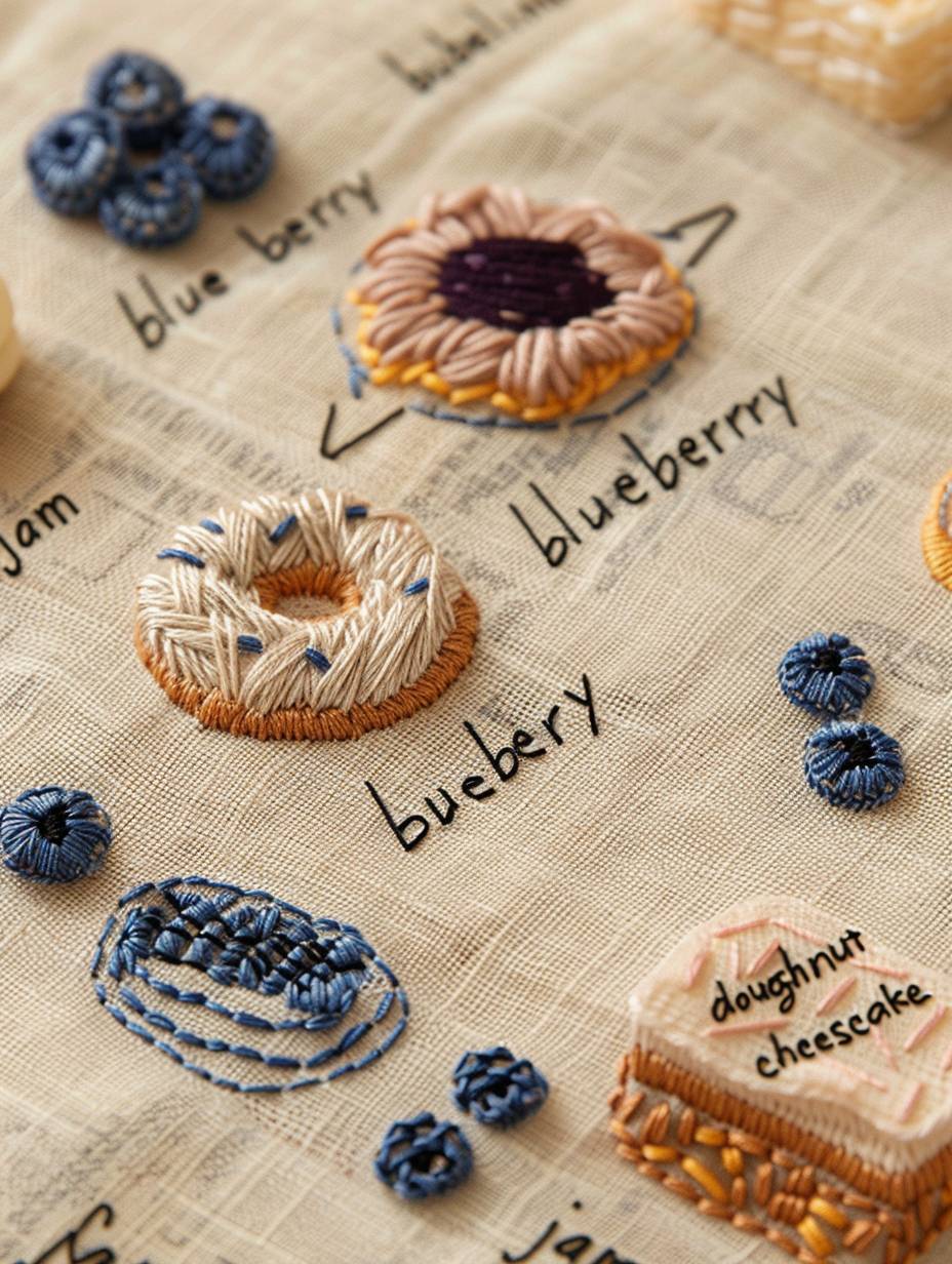 麻地に刺繍された小さなアイコンの刺繍模様で、「ブルーベリージャム」、「ドーナツ」、「チーズケーキ」が特集されています。これらのパターンには、背景色としてベージュなどの自然な色合いがあり、各アイコンの下には名称が書かれた黒い糸のテキストもあります。拡大撮影では、ドーナツやケーキなどのさまざまな形を形成する入念なステッチが捉えられ、逼真な刺繍のスタイルでリアルな外観が追加されています。