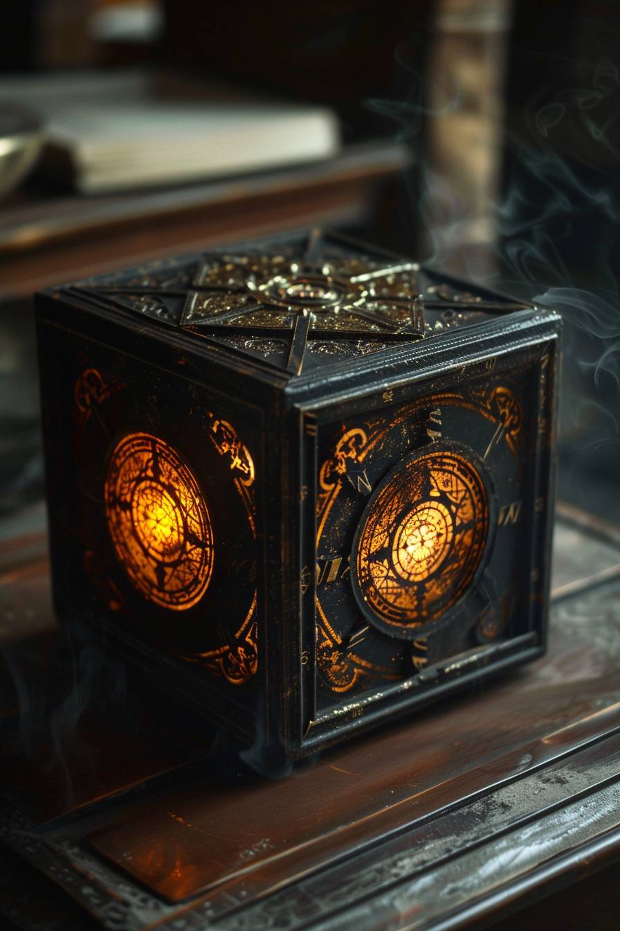 Artifact with the power to bridge the realms of life and death, featuring a puzzle box with a sphere in the middle, adorned with cryptic symbols. It emits a dangerous and mysterious, supernatural aura and serves as a tool for astral projection. It is black and looks man-made, yet it may also carry an otherworldly appearance, with a warm glow emanating from within. Its scary and ominous look leads it to be studied in a dark government room, with a shallow depth of field that gives it a photographic, realistic, cinematic quality.