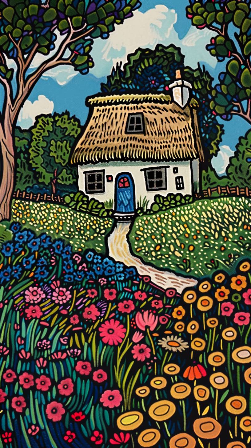 A peaceful countryside scene, a small cottage with a thatched roof, fields of blooming flowers guided by Rob Ryan