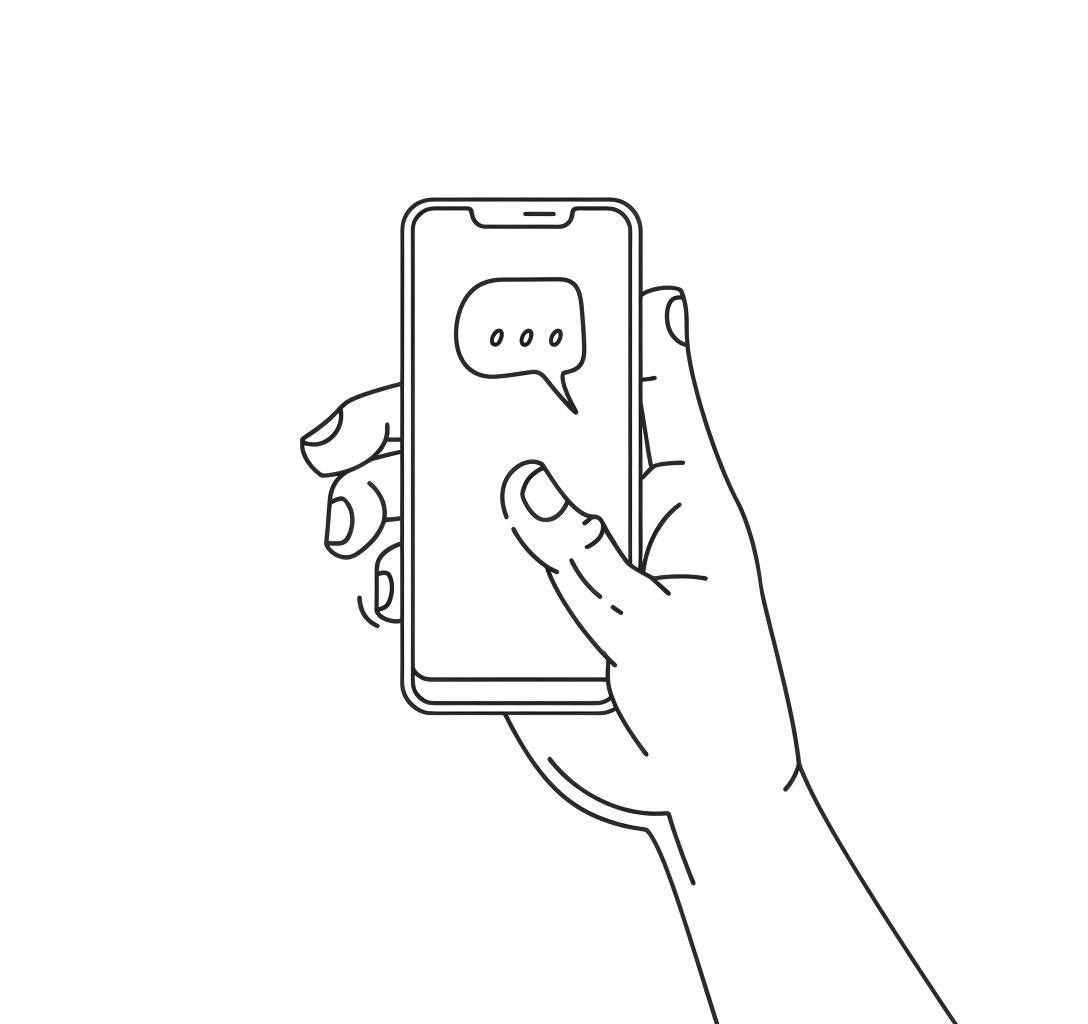 One Line Drawing style, a simple drawing of a hand holding a smartphone with a chat bubble over the screen, on a white background, in the style of an anonymous artist.