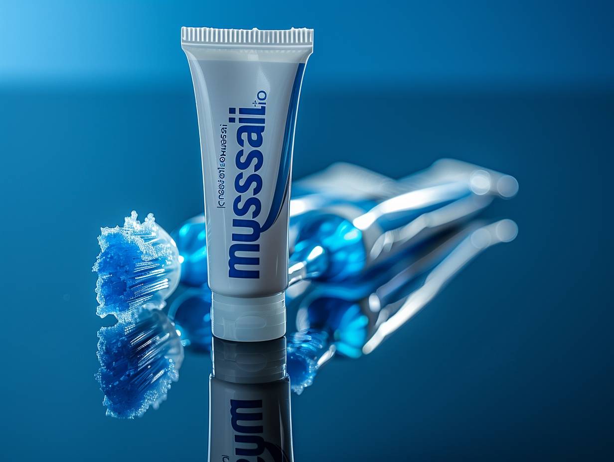 New toothpaste packaging, tube of toothpaste with text 'musesai', product shot, advertising photo