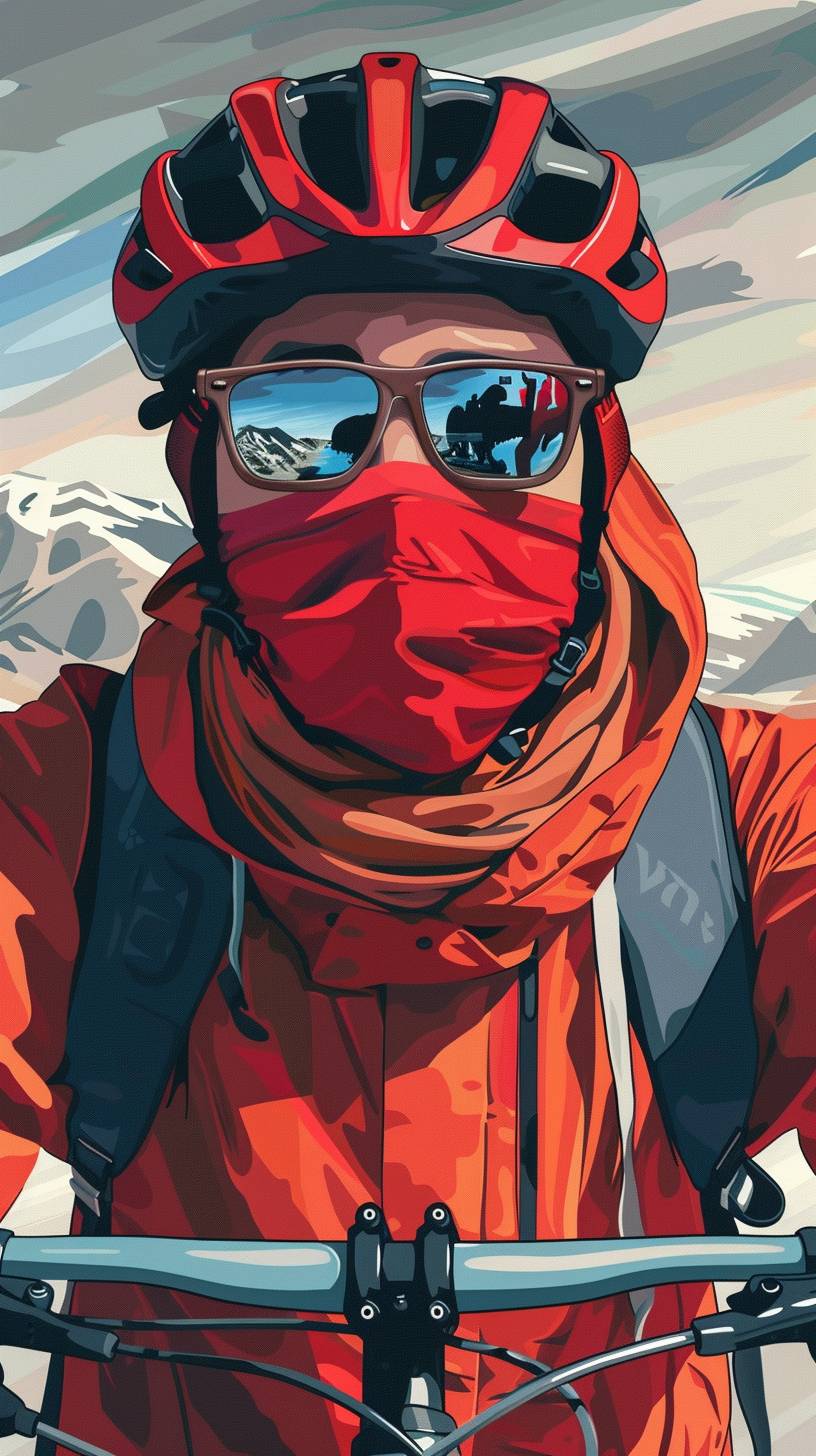 Cartoon style poster of an Asian man cycling with a backpack and luggage on the Xizang highway. The poster is a high shot with a close-up of the man's face, wearing cycling sunglasses and a windproof face scarf.