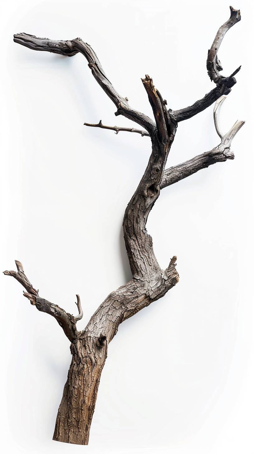 枯れ木の枝、写実的、劇的なライティング、幹の質感、ストック写真、中央配置、正面から撮影、白い背景