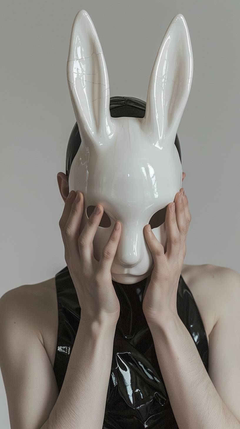Close-up shot of a person wearing a white rabbit-themed mask. Made of high-gloss ceramic material, with multiple hairs covering the entire face. The subject has short, straight brown hair and wears a black shiny bodysuit. Light gray background, soft studio lighting, highlights and shadows that accentuate textures. Created using a professional camera, studio setup, texture emphasis, clean minimalist design, high resolution, precise details, neutral colors, and modern art influences.