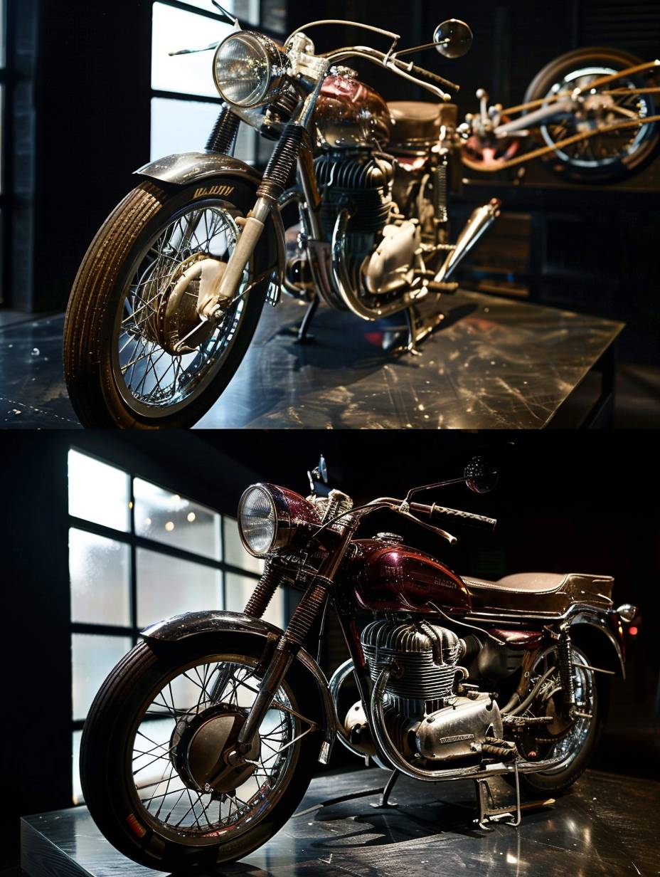 A vintage motorcycle on display, front and side view