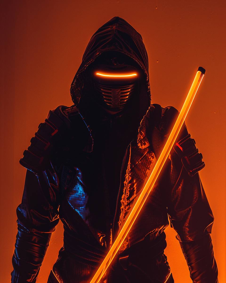 Ninja in the style of neonpunk, light orange and light black, mood lighting