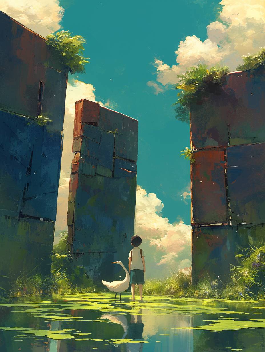 A boy is standing in a pond with green water, in front of him are three huge doors, open, with different landscapes inside, an egret standing next to the little boy, in the painting style of Hayao Miyazaki, Studio Ghibli, movie stills, bright and bright.