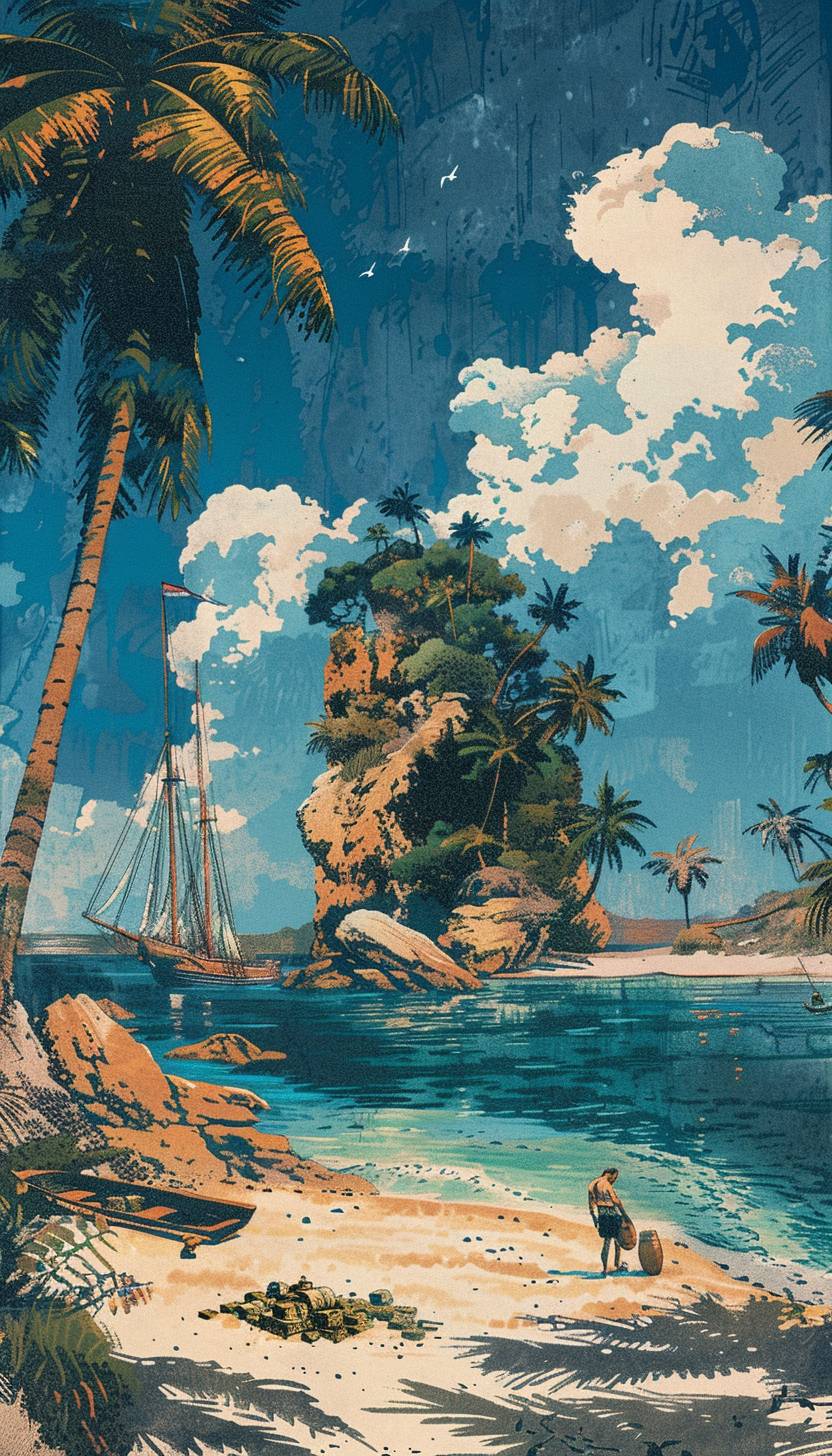 川瀬巴水風のスタイルで、海賊団が無人島に宝を埋めている