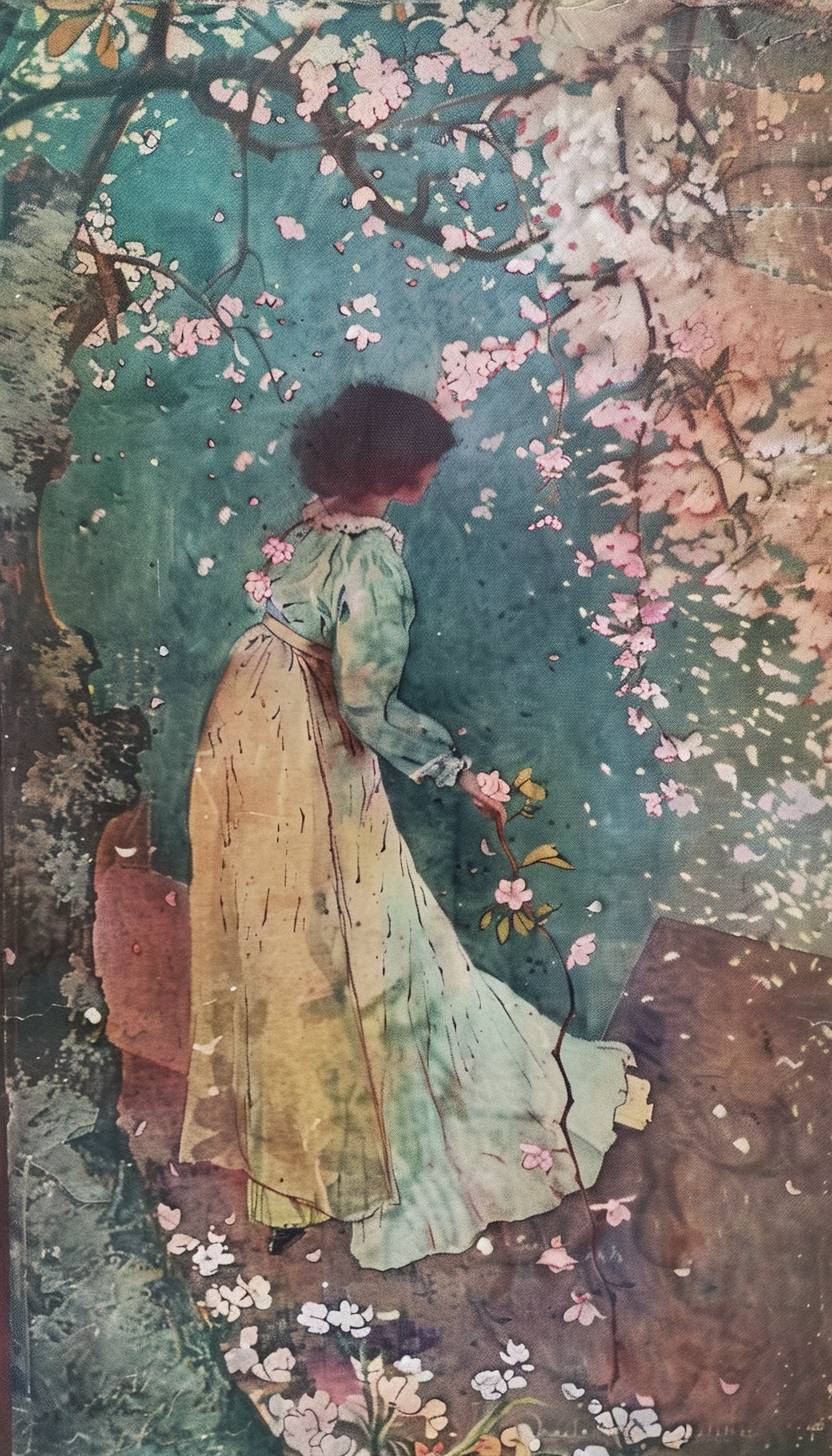 In the style of William Russell Flint, a mystical garden blossoming with enchantment --ar 4:7 --v 6.0