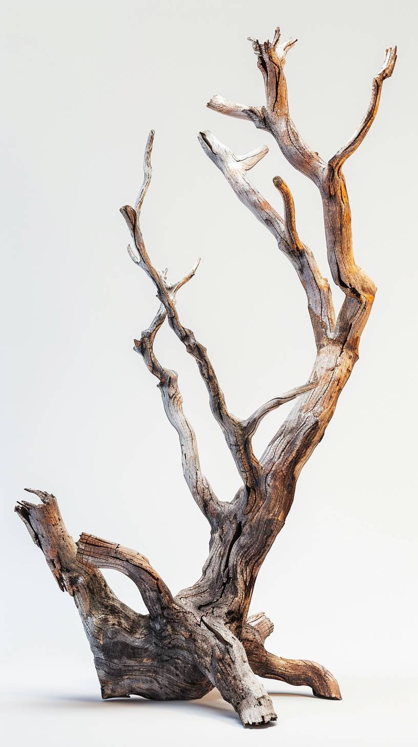 枯れ木の枝、写実的、劇的なライティング、幹の質感、ストック写真、中央配置、正面から撮影、白い背景