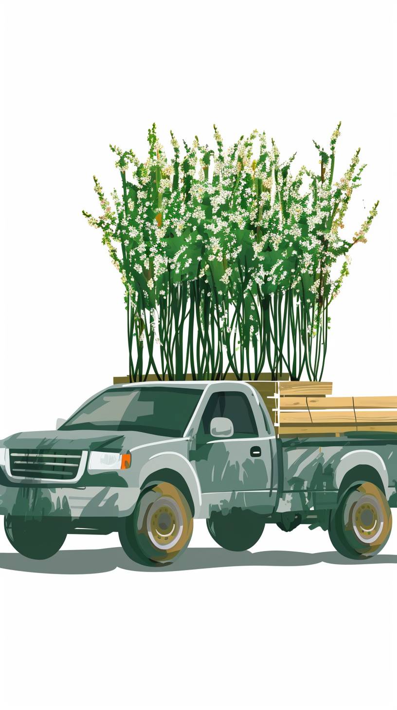 A pickup truck with a load of willow tree seedlings, vector image, white background