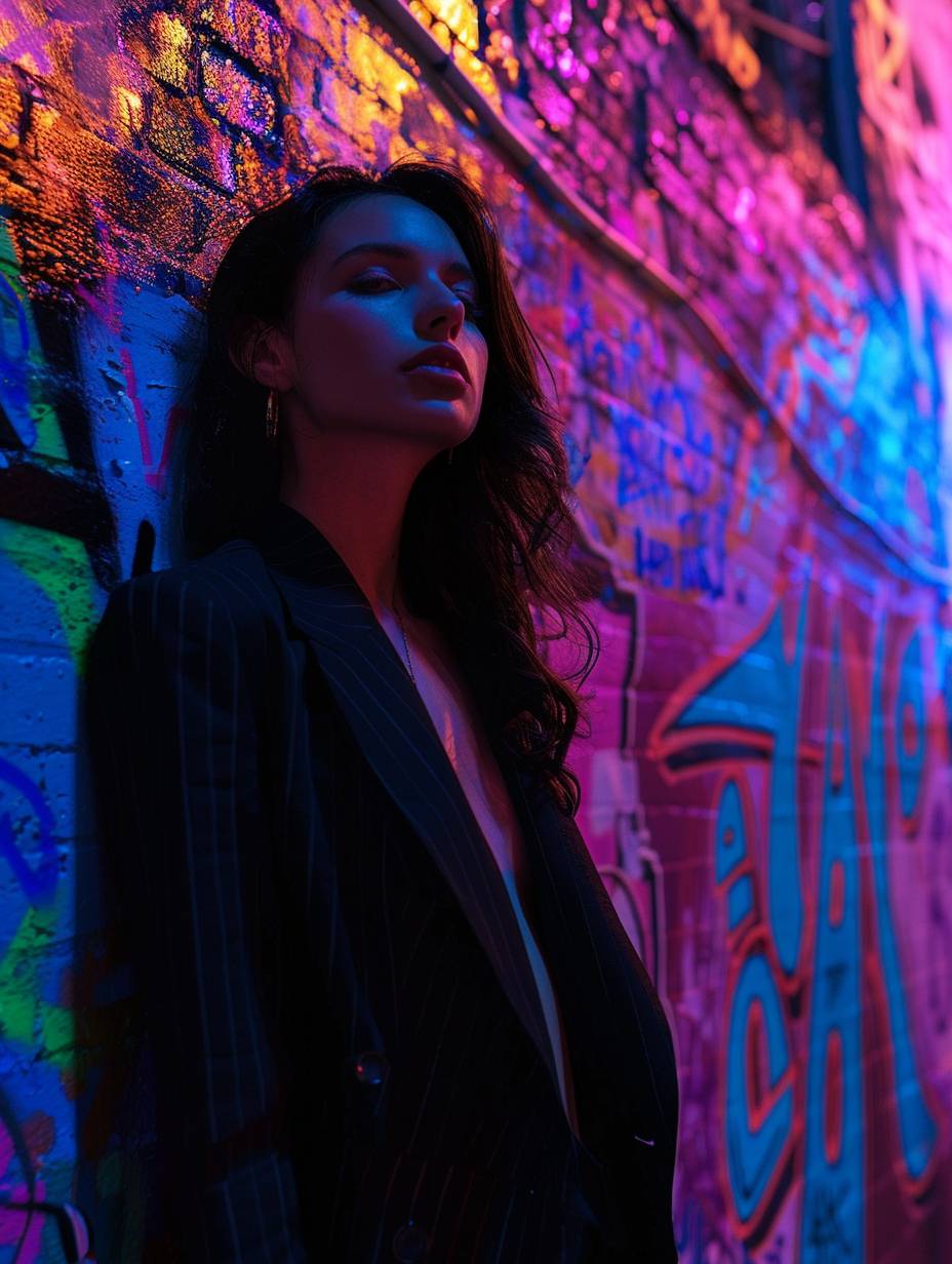 A young and stunning woman dressed in a sleek black suit stands in front of a wall covered in graffiti. The graffiti is illuminated by neon, fluorescent, luminescent, and radiant colors, creating a vibrant and dazzling scene. This shimmering display of lights and the glowing graffiti generates a captivating and ethereal atmosphere around the woman.