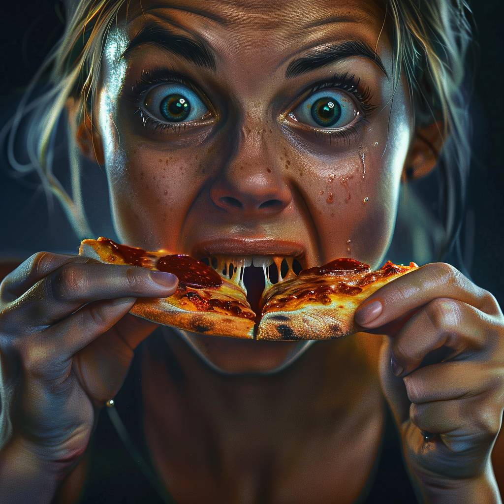 A woman taking a bite of pizza, and her face is amazed, she is chewing, there is food in her mouth, her eyes are big, she looks excited and happy, quiet, photorealism, real life, real people, real woman.