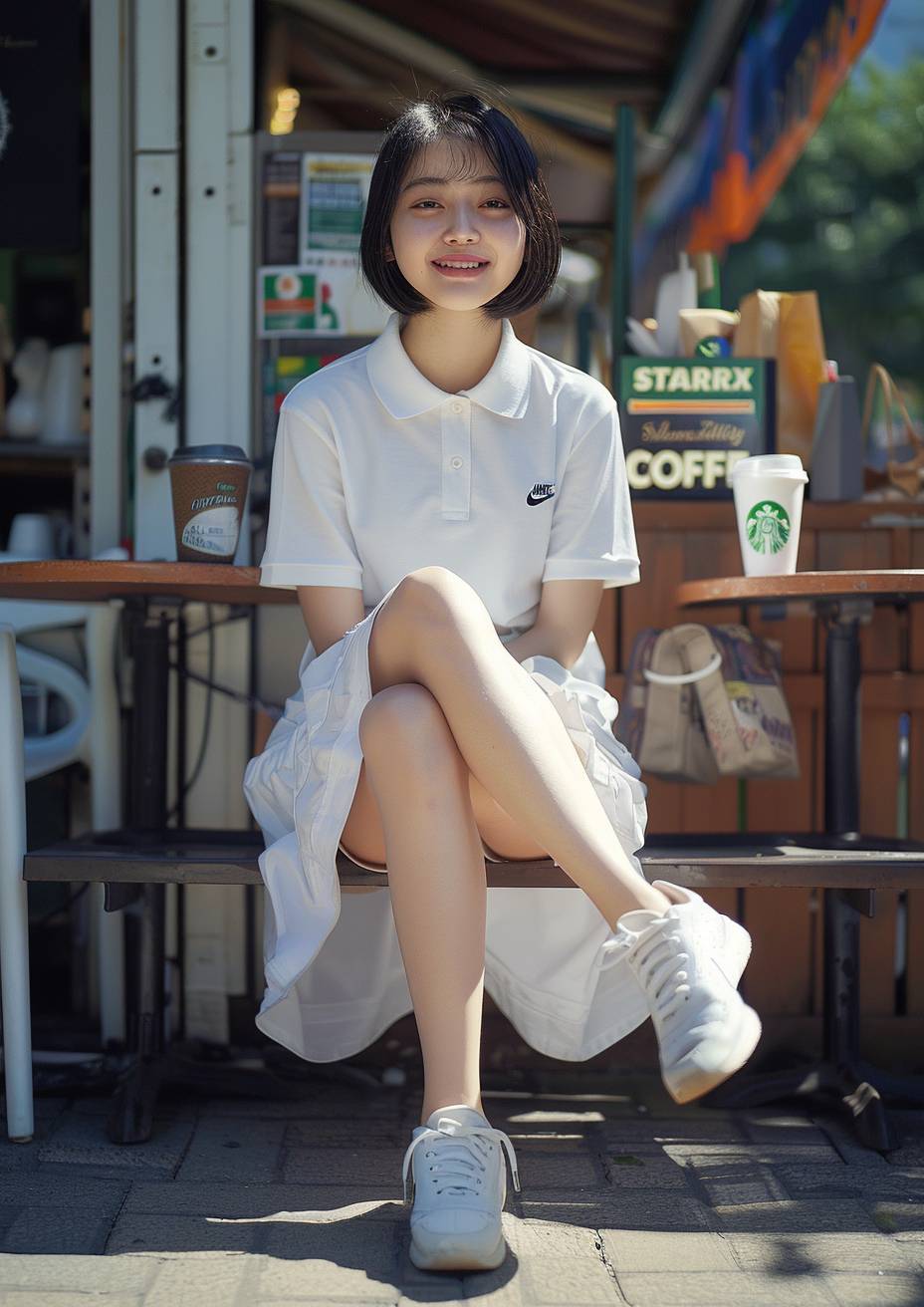 Masterpiece, epic pose, 4K, natural lighting, Rembrandt lighting | 15-year-old cute Japanese girl, groomed straight short black hair, gentle smile, crossed legs, sunlight stabbing at her feet | wearing sporty fashion, white plain polo long sporty dress with Nike's logo mark and Nike's sneakers, Starbucks cup of coffee by her side on the seat | sitting on a seat in front of a café stand, NYC, summer day, noon, Dutch angle shot with Sony a7R IV, Fujicolor Superia X-TRA 400 film simulation - no logo mark, logo type, text, signboard, monochrome, retro - AR 5:7 - raw style - stylize 120 - v 6.0
