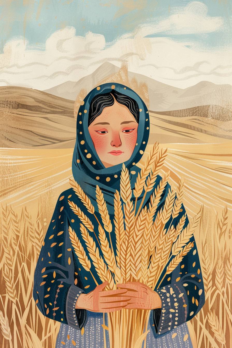 Minimalist magazine cover. traditional anatolian pattern tiled illustration in the style of the new yorker magazine. Beside a huge wheat storage, a Rural middle-aged woman holds wheat grains in her hands, feeling helpless and lonely. Luo Zhongli