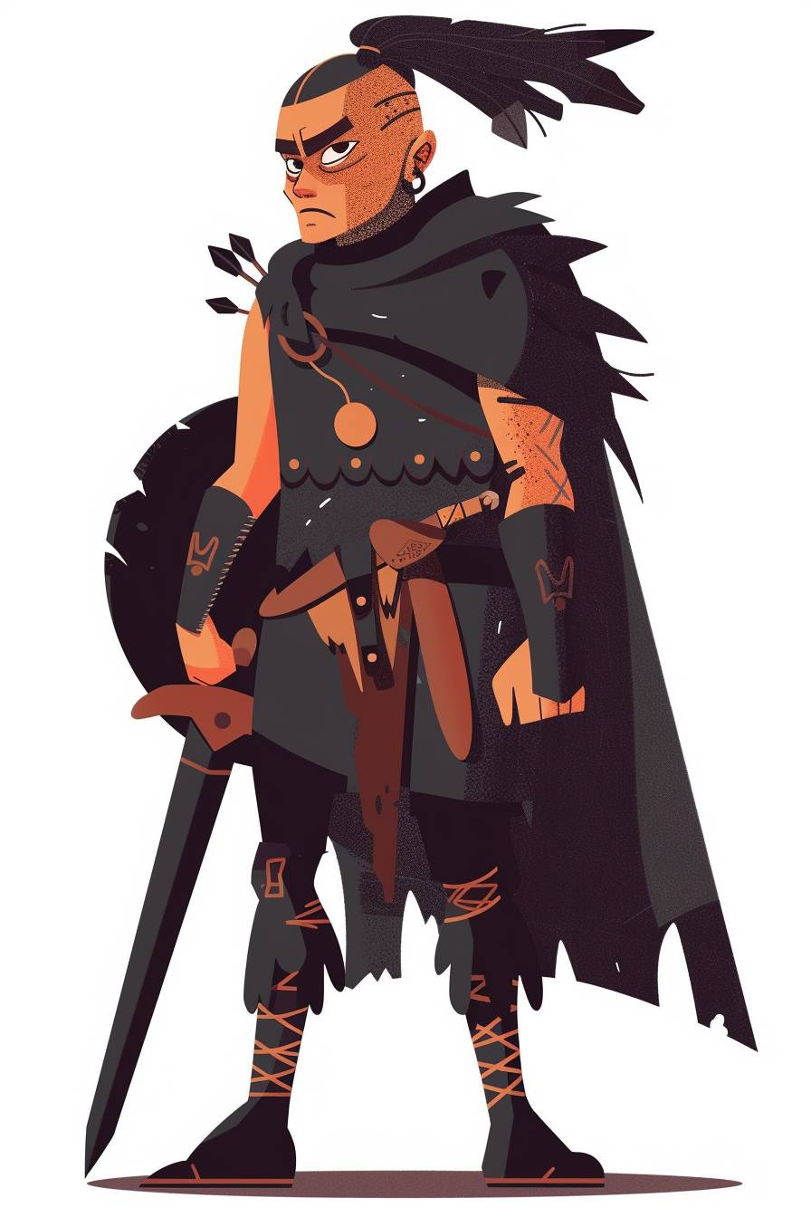 In style of Sarah Andersen, warrior character, full body, flat color illustration