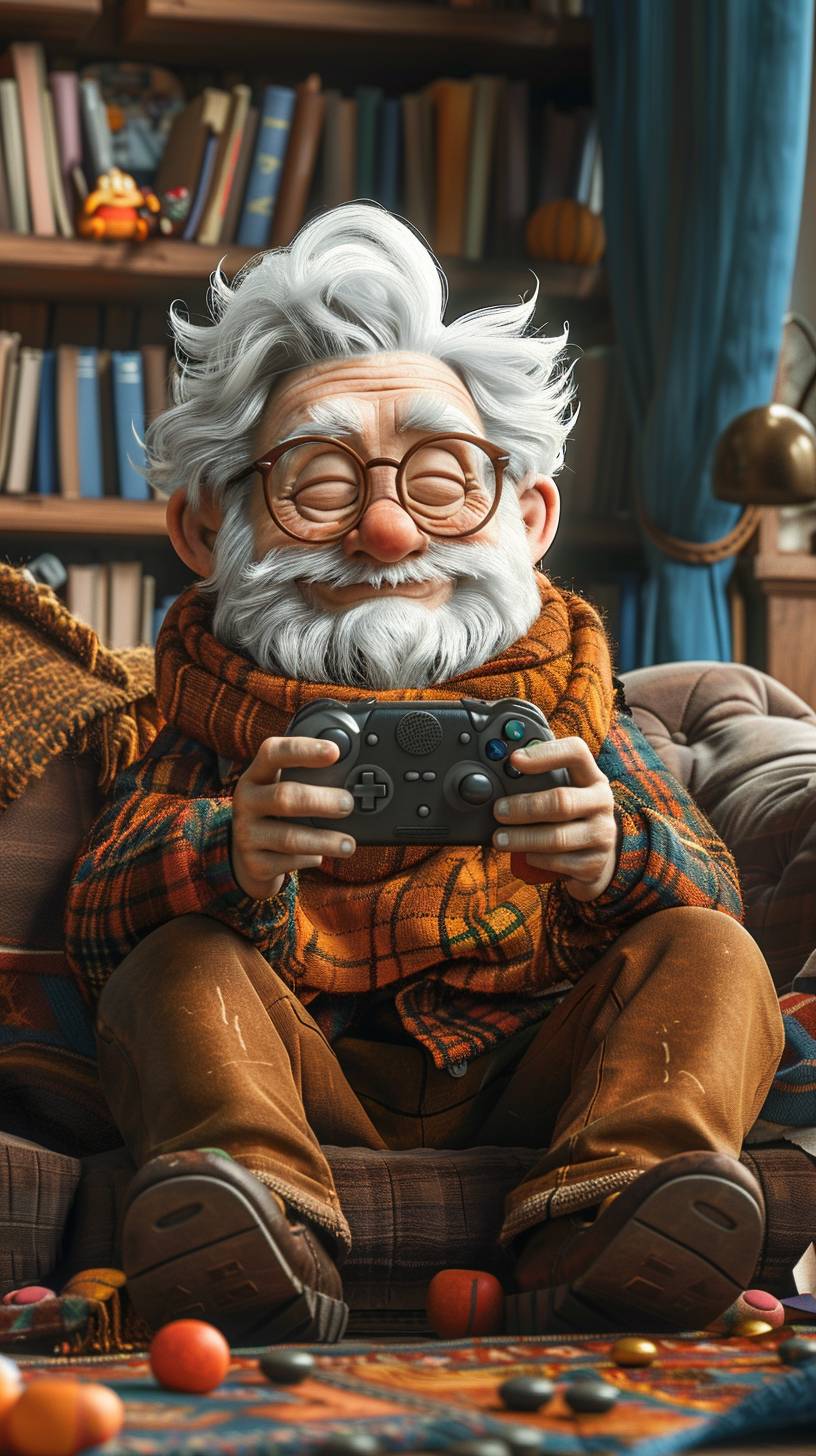 Cartoon grandpa sitting on the sofa playing games, holding gamepad, IP, model, cartoon, C4D, full body photo