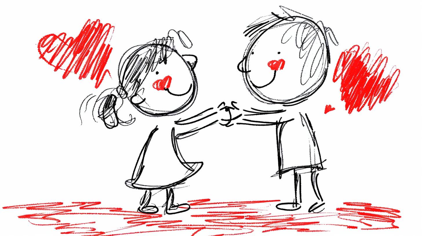 Hand-drawn cartoon-style 2D stick figure of a loving couple dancing, with hearts, very detailed and high quality