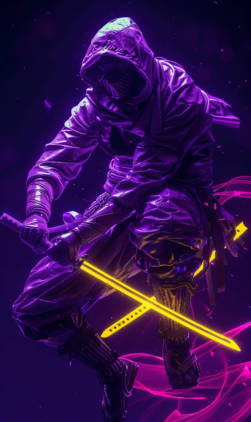 Ninja, Moebius anime, purple dark background, volumetric yellow shadow play. Ray tracing. Hdr. High contrast. Surreal aesthetics. Centric --ar 3:5 --v 6.0