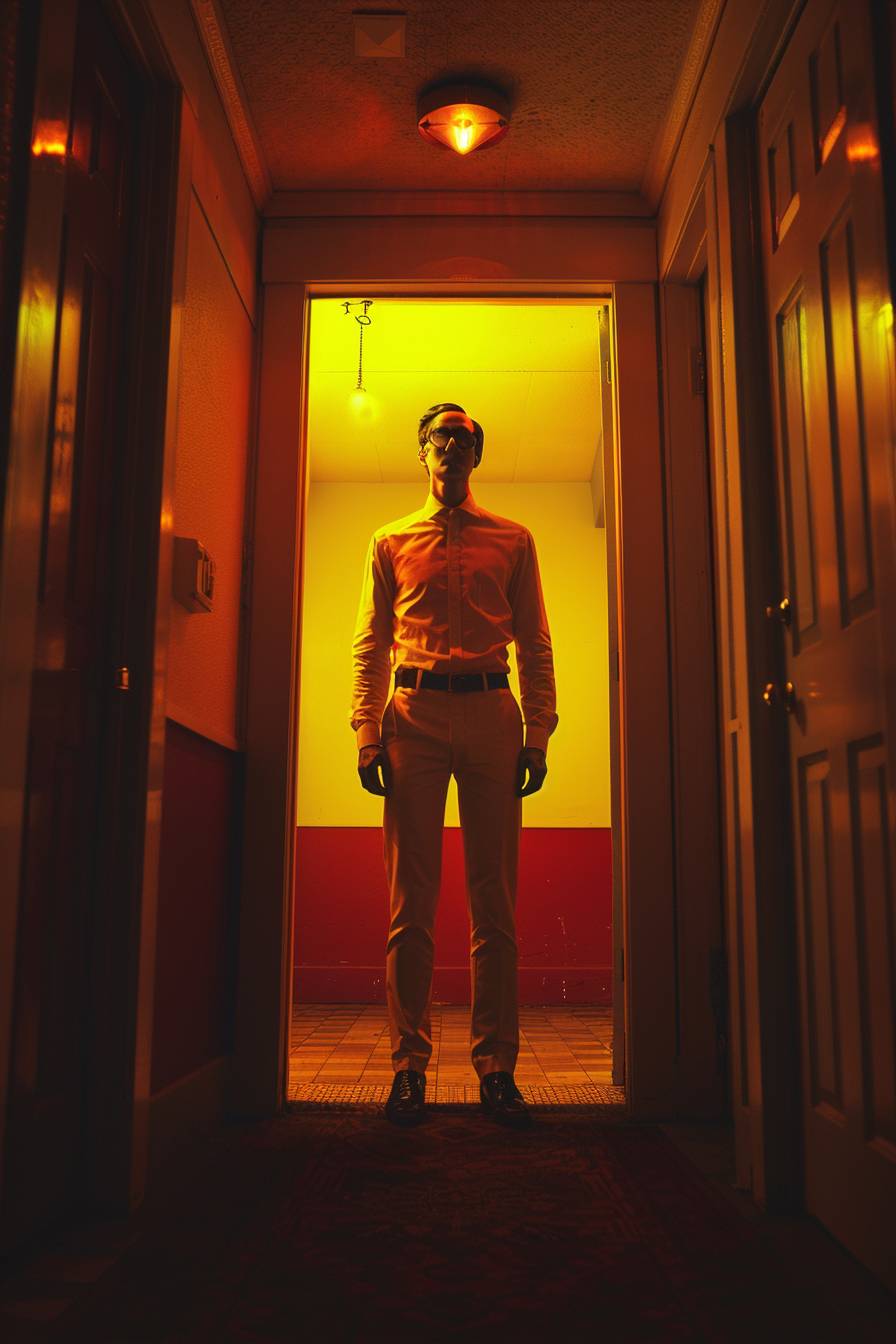 [Subject+ description], Wes Anderson style, symmetrical composition, full body shot, dramatic lighting, Movie Still, Vibrant colors, ultra-realistic photography.