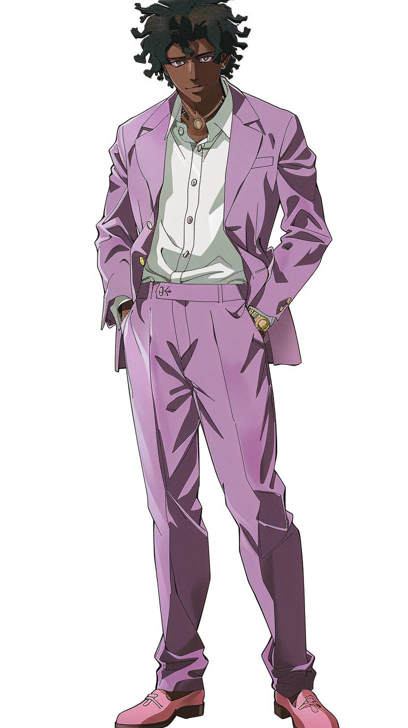 アニメファッションの写真で、夏の色合いが施されたオーダーメイドスーツを着たブラックアニメ男性がアニメスタイルの岸本斉史氏が着ています。2024年のデザイナーBrunello Cucinelli.