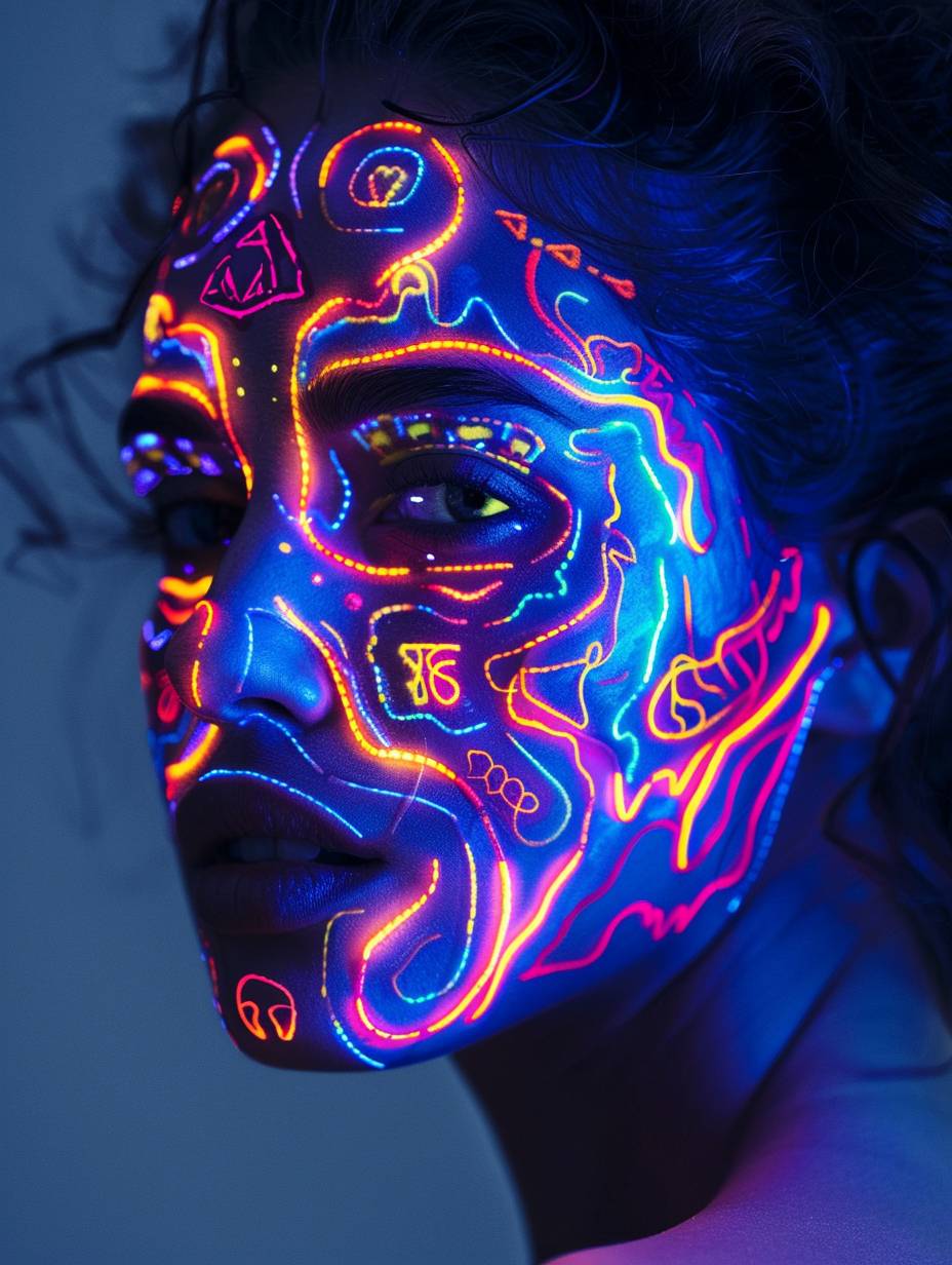 A beautiful woman’s face is adorned with an artistic pattern of neon lights on her skin. These lights create colorful designs, contours, and shadows on her cheeks. The technique of focus stacking adds depth to the image, enhancing the futuristic surrealism. The overall color scheme is a mix of gray and dark blue.