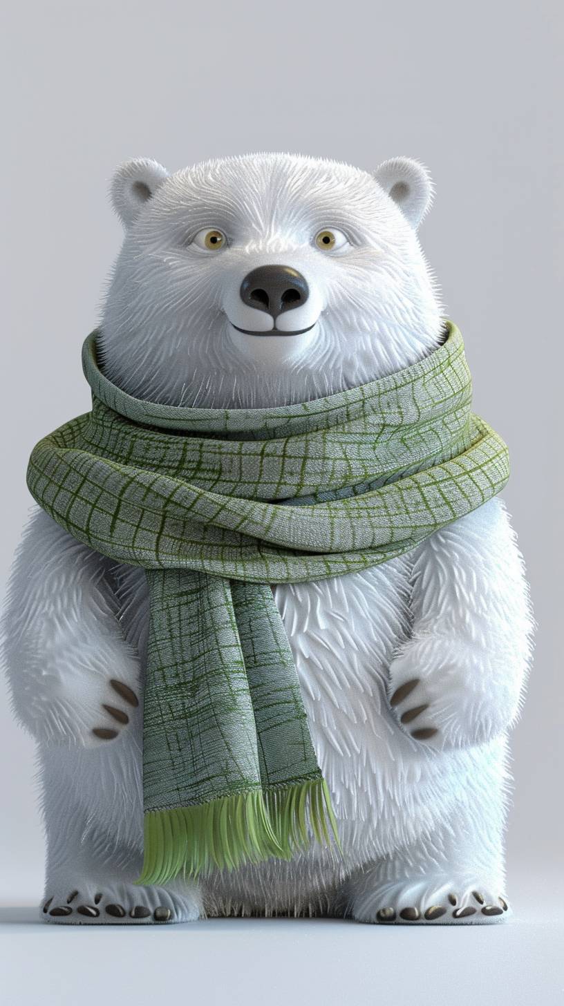 A pure white 3D cartoon polar bear, furry and fat, with ultra-high definition, every detail is clear, wearing a green scarf, is a skin care product mascot, greeting the camera.