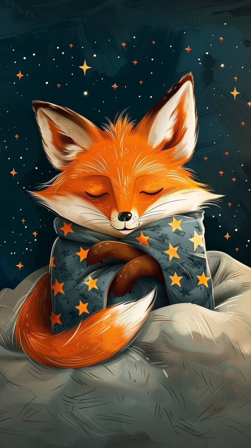 The fox, dressed in pajamas with pictures of stars, goes to bed covered with a fluffy blanket, illustration by Erzhe, 2D vector style