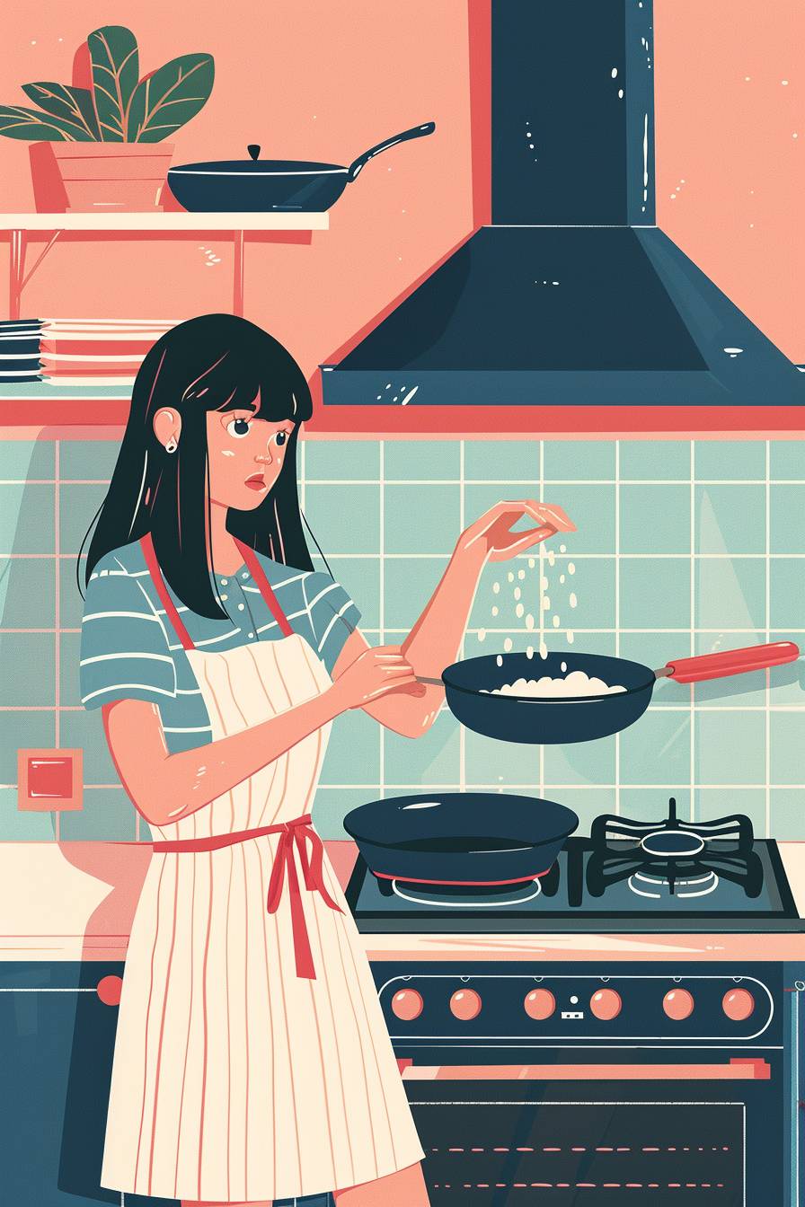 A girl stands in the kitchen, holding a frying pan above the gas stove, with her right hand and sprinkling salt on it with her left. The kitchen has a modern Scandinavian-style interior, with a flat and comic style illustration, minimal lines, and solid coloring. It incorporates everyday scenery and a summer atmosphere.