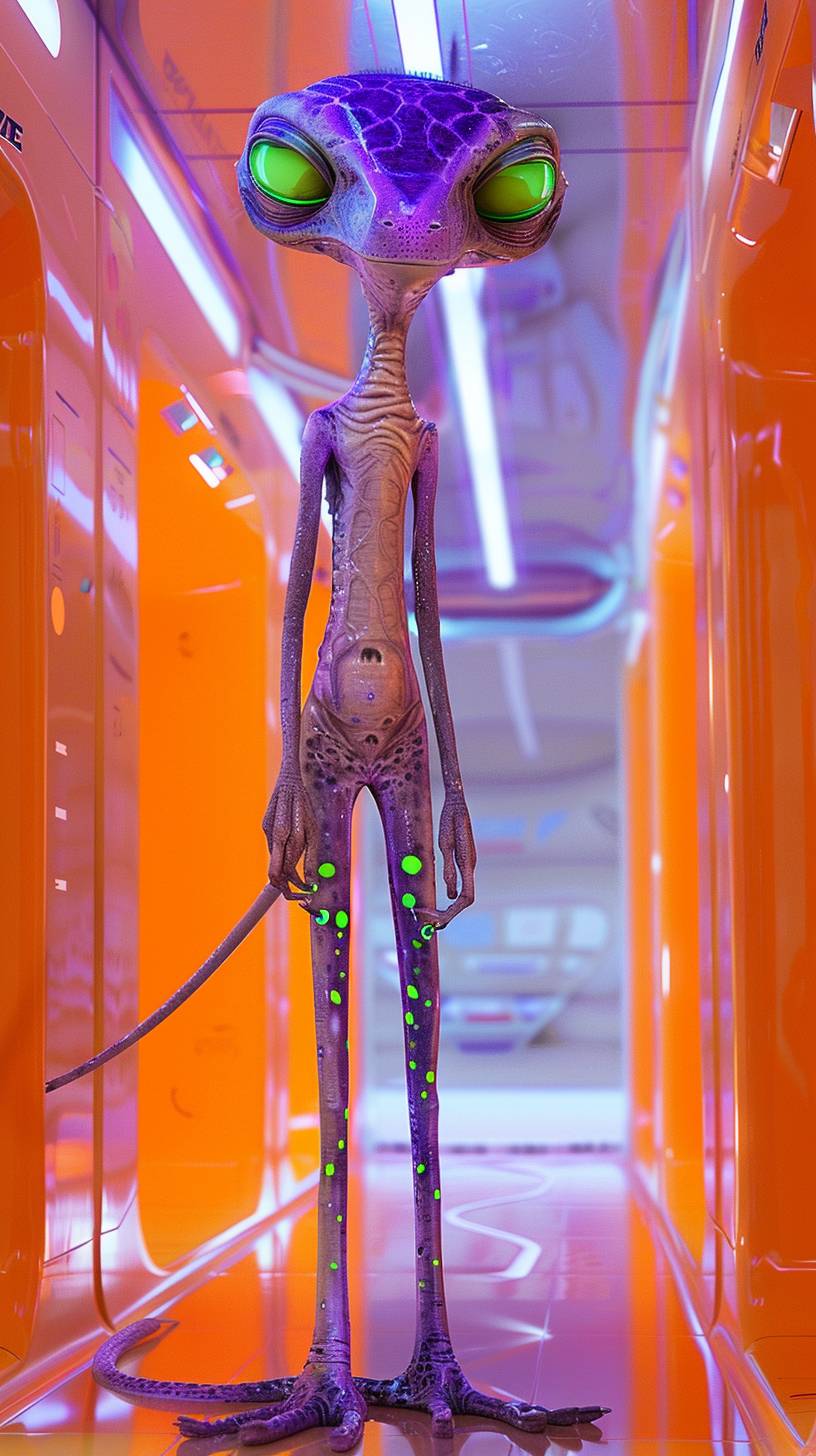 A tall alien with purple skin and neon green dots on the skin, tall body with long legs and arms, big eyes, and white hair, inside a sci fi room with only orange colors high resolution, ultra detailed, hyper realistic