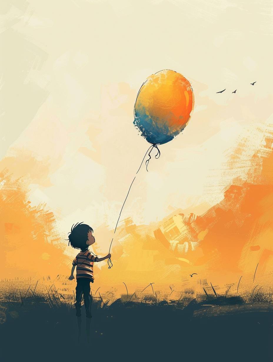 A little boy holding a balloon, illustration style, the colors of the screen using yellow and blue two-tone, creating a simple, bright, and cute style.