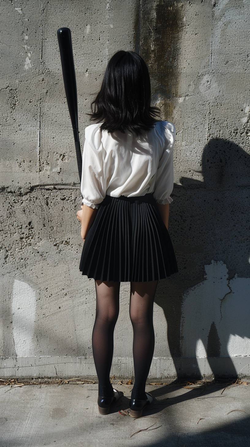 A high-resolution, full-color photograph of a young woman standing with her back to the camera, facing a concrete wall. She is holding a black baseball bat over her shoulder with one hand. The woman is wearing a white top, a black pleated skirt, black tights, and black shoes. Her hair is medium-length and black. The wall in front of her casts a shadow of a giant rubber chicken, which looks exaggerated and humorous. The scene is set outdoors in bright daylight, with the sunlight casting long shadows.