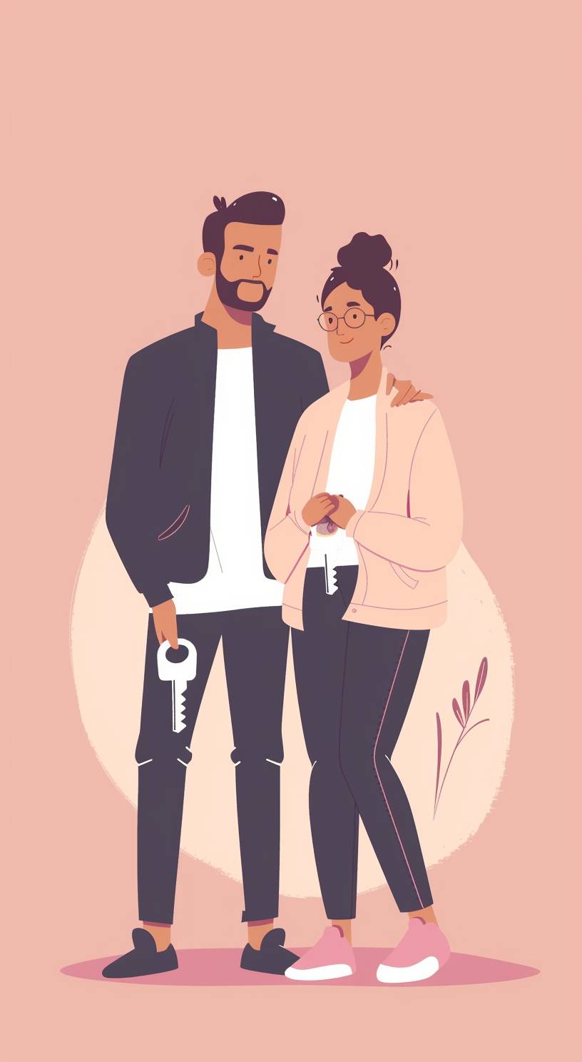 Happy couple holding big house key together, lateral view, looking at something, full body, flat illustration style, simple background, vector illustration, pink skin tone, flat design illustration, minimalism, simple color scheme, flat colors, simple shapes, flat gray gradient