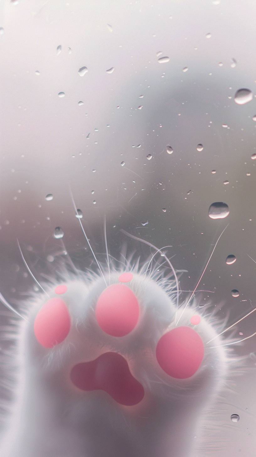 Through frosted glass, I saw a cute cat face with a hazy texture, with two pink claws protruding from below. Simple background and cartoon style. Featuring white and gray, adopting minimalist design. A close-up of only one claw with a blurry effect to increase depth.