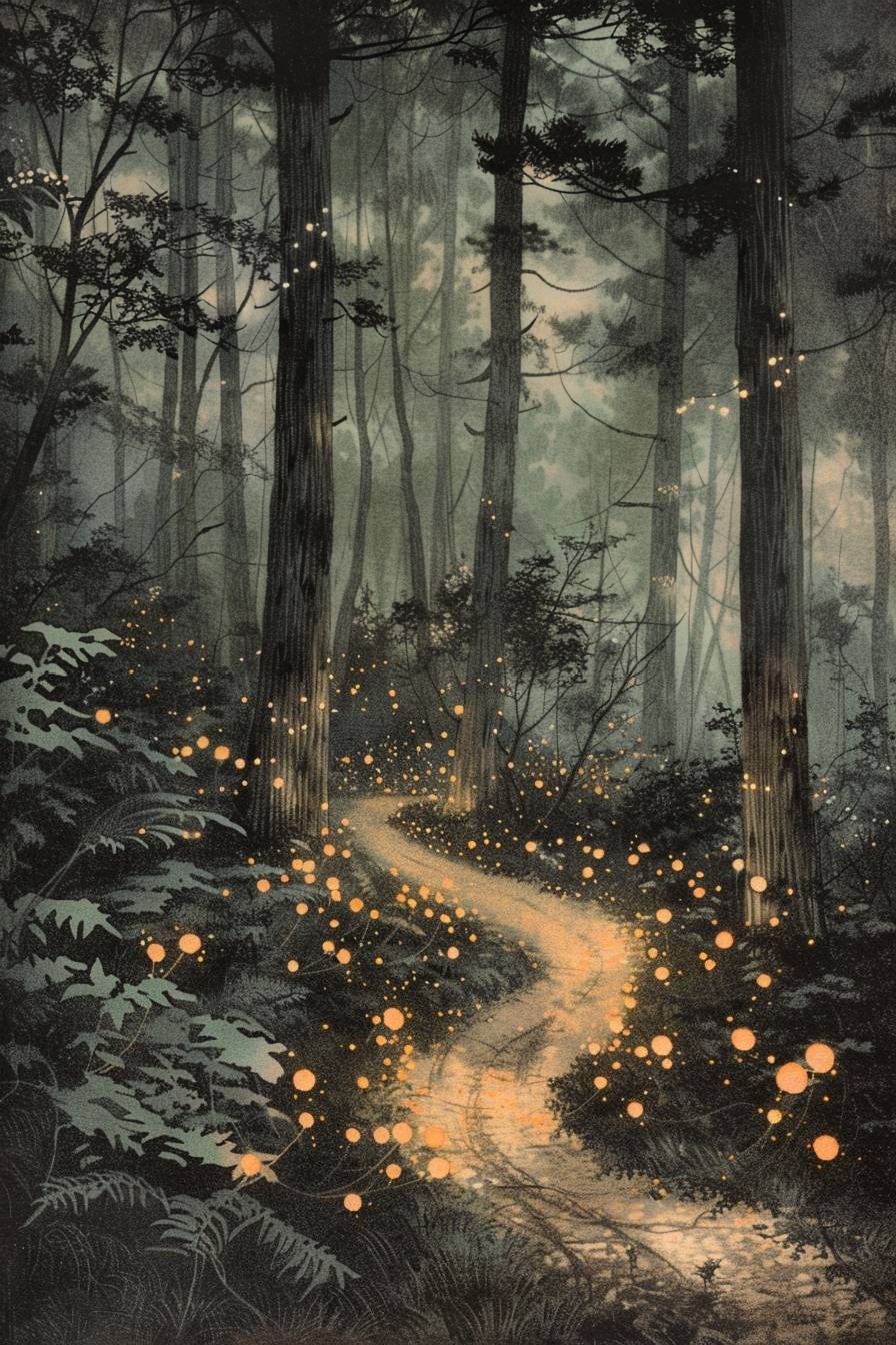 In style of Ohara Koson, Fairy lights illuminating a path through the woods