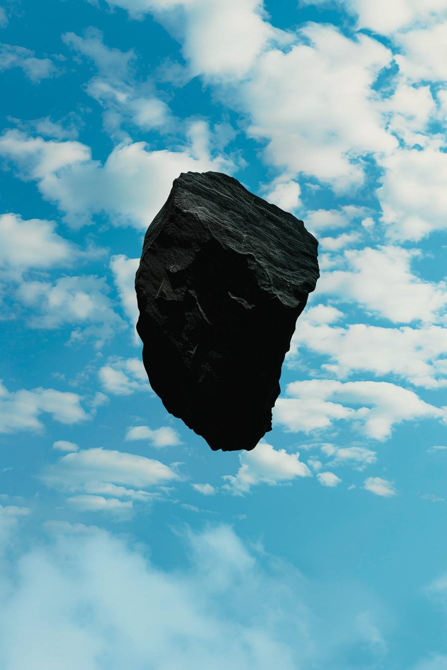 Floating above the bright blue cloudy sky, there is a black old sharp torn black flat silhouette stone with uneven edges