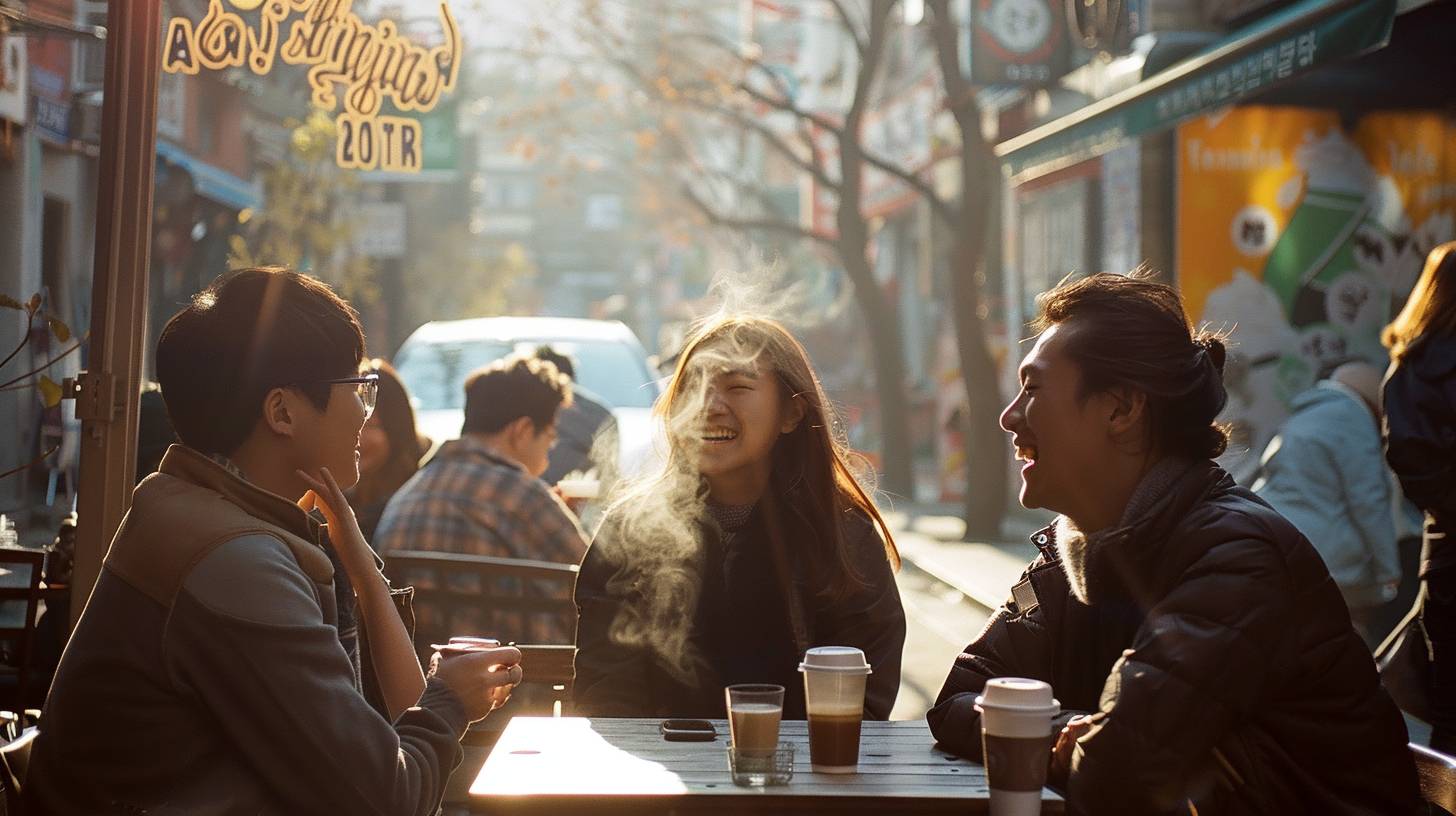 Three friends sharing a laugh. Joy and friendship. Outdoor café in Seoul's Hongdae district. Daytime in 2015. Street art, a passing Hyundai Genesis, and other customers. Medium shot, waist up. Captured with a Canon EOS 5D Mark III using Kodak Portra 400 film. Bright sunlight, steam rising from the coffee cups, high contrast.