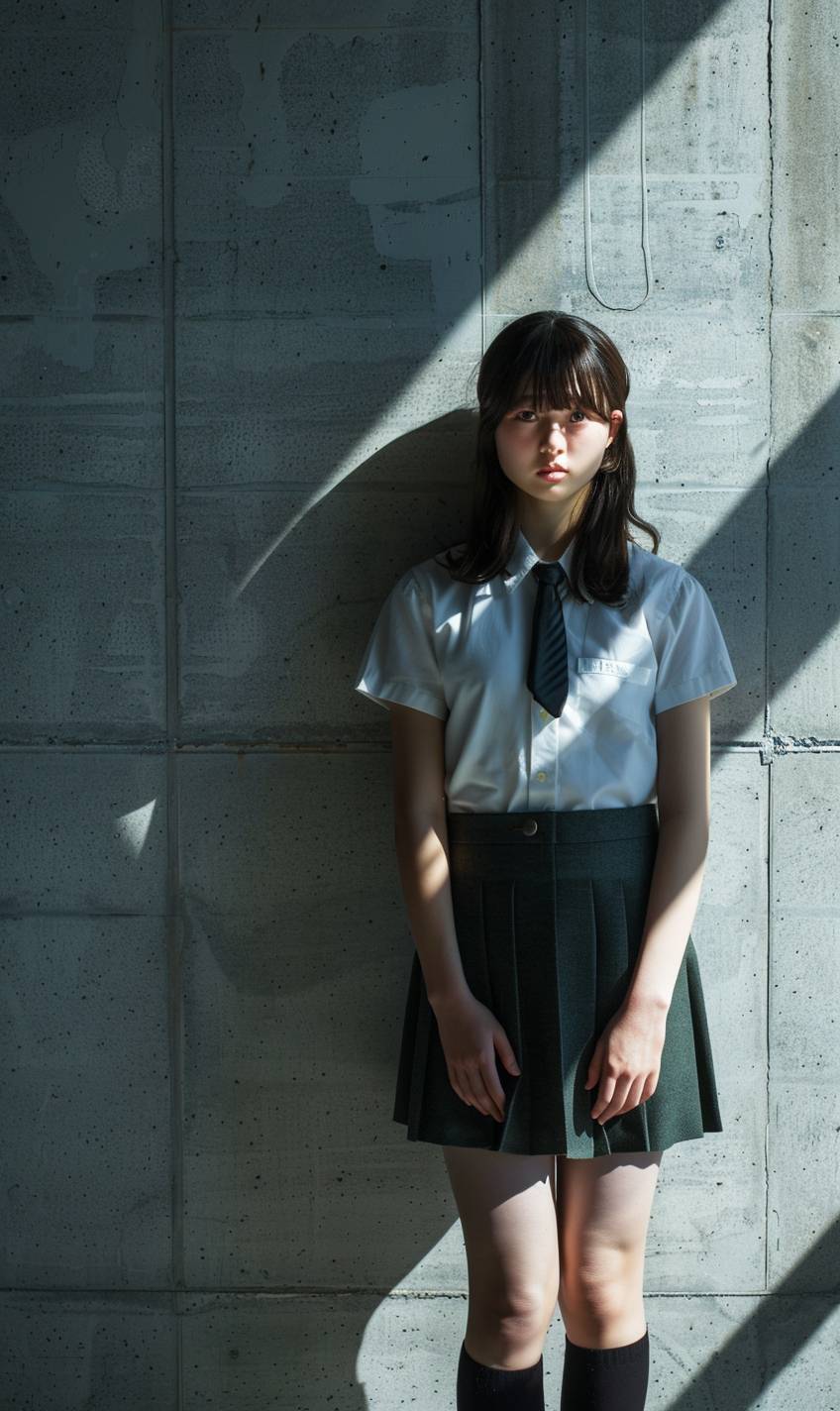 High resolution full color photo of a young woman in a Japanese schoolgirl uniform standing against a concrete wall. She has a confident and defiant pose. Her shadow is prominently cast on the wall behind her, adding to the dramatic effect. The background includes a textured concrete wall surface and a clean, urban environment, enhancing the bold, statement feel of the image.