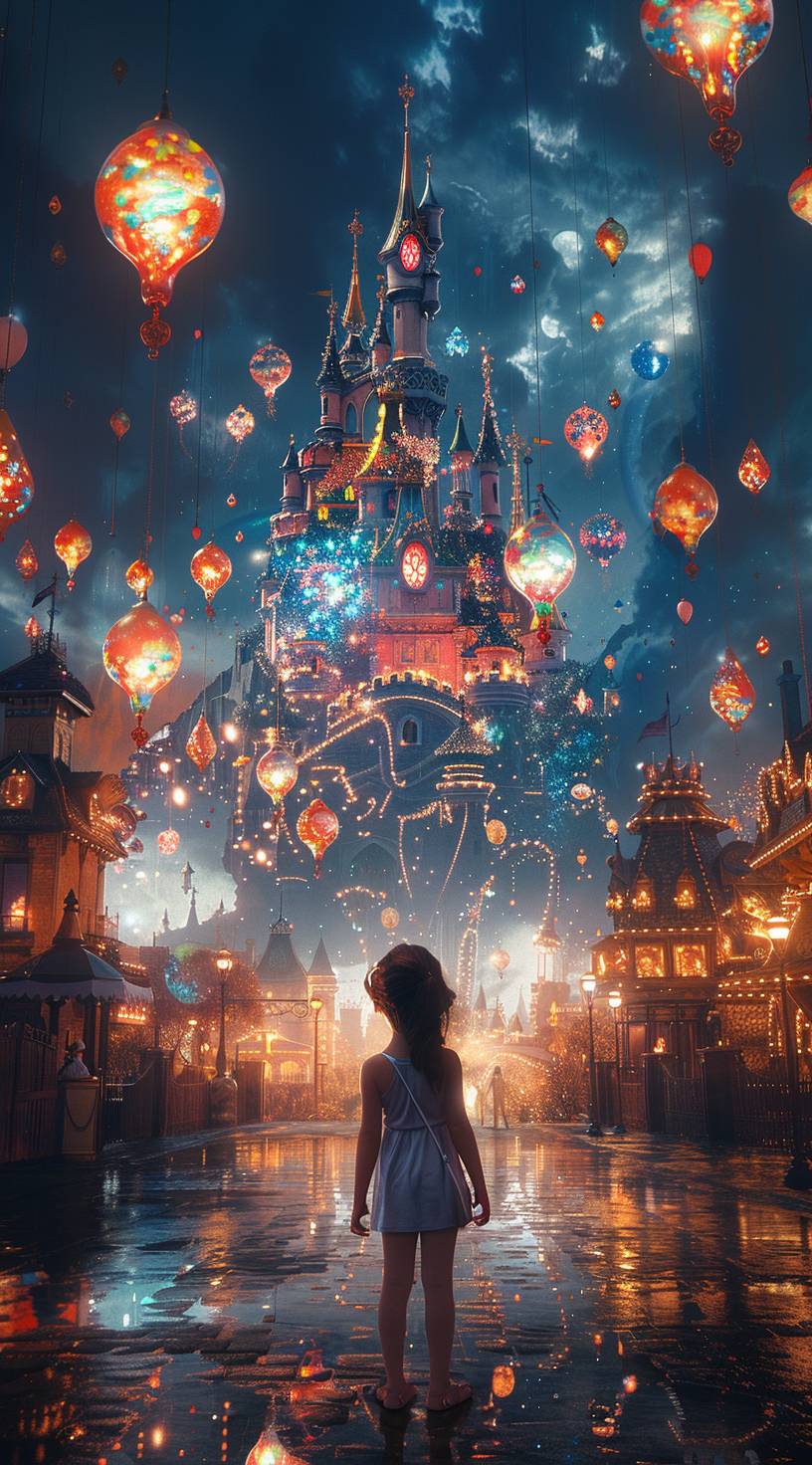 A girl in the center of an amusement park, surrounded by colorful balloons and soft pastel colors. The background features castles floating among many balloon flowers in the style of Disney. A child is standing on their tiptoes with their back to us, looking at all this beautiful scenery. This scene gives people a feeling that they can make their dreams come true. Highly detailed illustration.